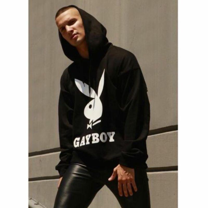 AW19 Moschino Couture Jeremy Scott Playboy Gayboy Black Hooded Sweatshirt 52 IT For Sale 4