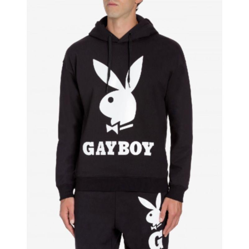 AW19 Moschino Couture Jeremy Scott Playboy Gayboy Black Hooded Sweatshirt 54 IT In New Condition For Sale In Palm Springs, CA