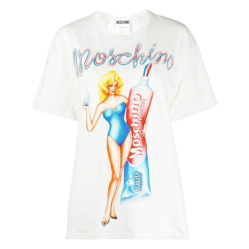AW19 Moschino Jeremy Scott Zahnpaste Weißes übergroßes T-Shirt Tee S aus Baumwolle im Angebot