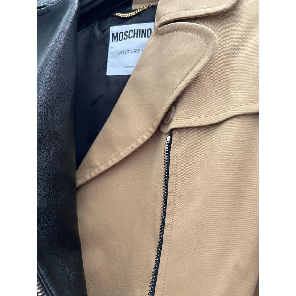 AW20 Moschino Couture Black Biker Jacket Half Beige w/ Wool Sleeves, Size US 10 For Sale 6