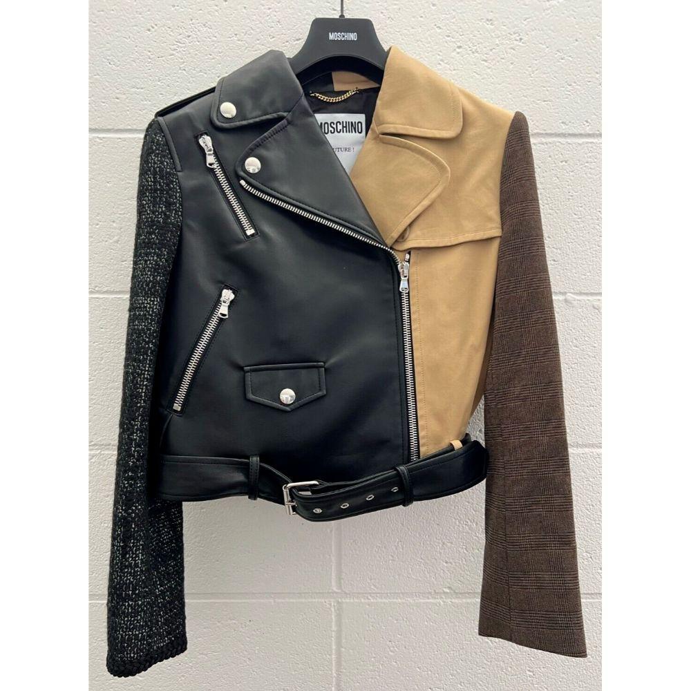 Women's AW20 Moschino Couture Black Biker Jacket Half Beige w/ Wool Sleeves, Size US 10 For Sale