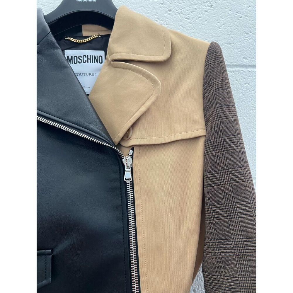 AW20 Moschino Couture Black Biker Jacket Half Beige w/ Wool Sleeves, Size US 10 For Sale 3