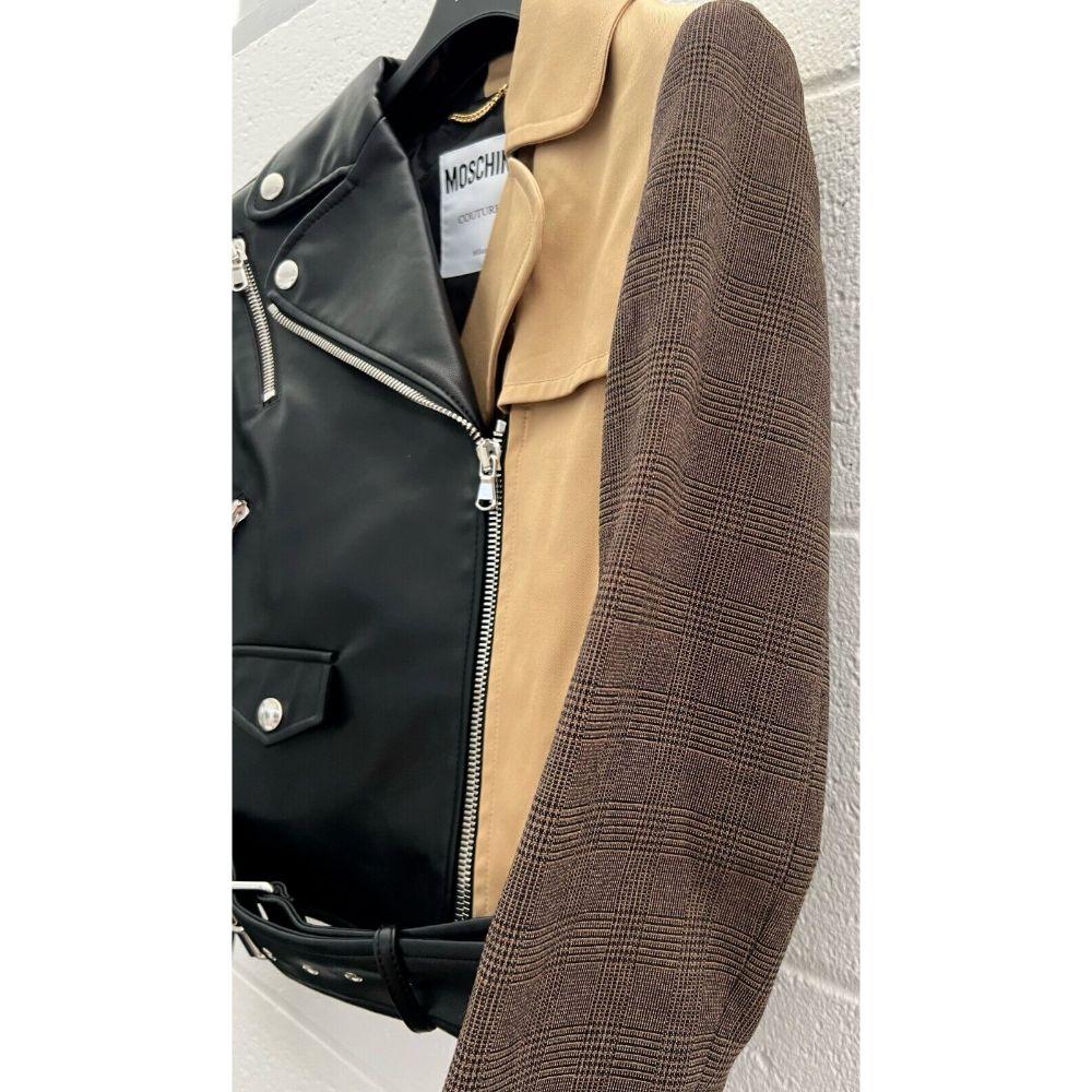 AW20 Moschino Couture Black Biker Jacket Half Beige w/ Wool Sleeves, Size US 10 For Sale 5