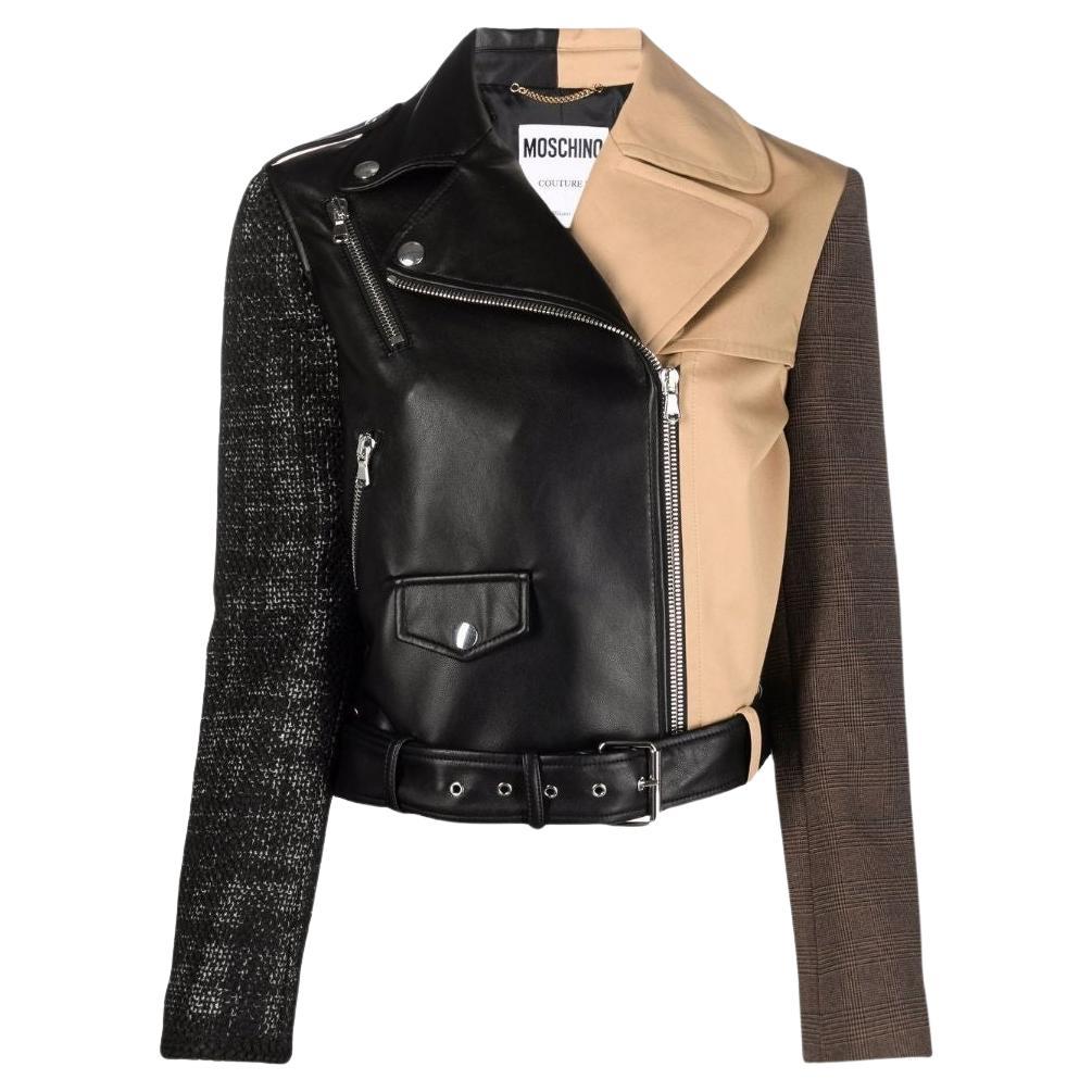 AW20 Moschino Couture Black Biker Jacket Half Beige w/ Wool Sleeves, Size US 10 For Sale