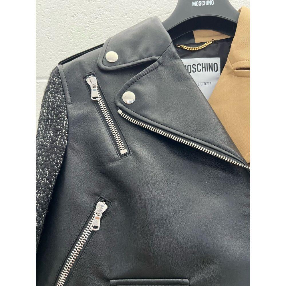 AW20 Moschino Couture Black Biker Jacket Half Beige w/ Wool Sleeves, Size US 12 For Sale 4