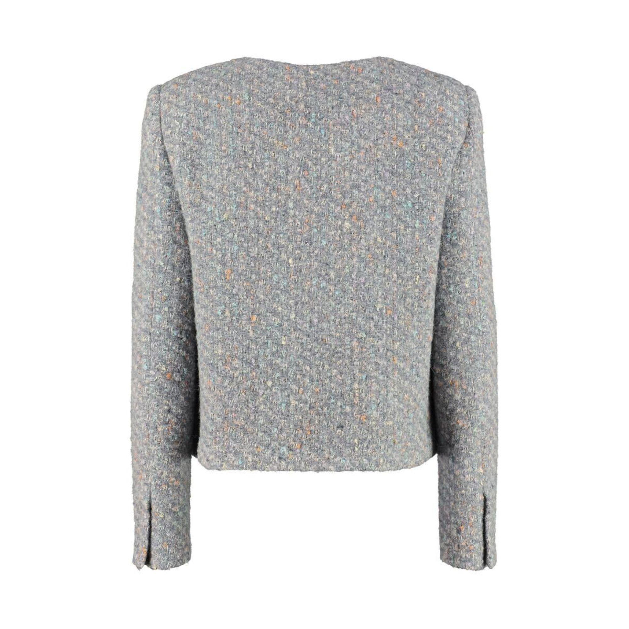 AW20 Moschino Couture Jeremy Scott Boucle Wool Jacket in Gray & Oversized Zipper

Additional Information:
Material: 53% Virgin Wool, 38% Cotton, 7% PL, 2% PC
Color: Gray, Light Blue, Orange, Purple
Size: IT 44 / US 10
Pattern: Abstract
Style: