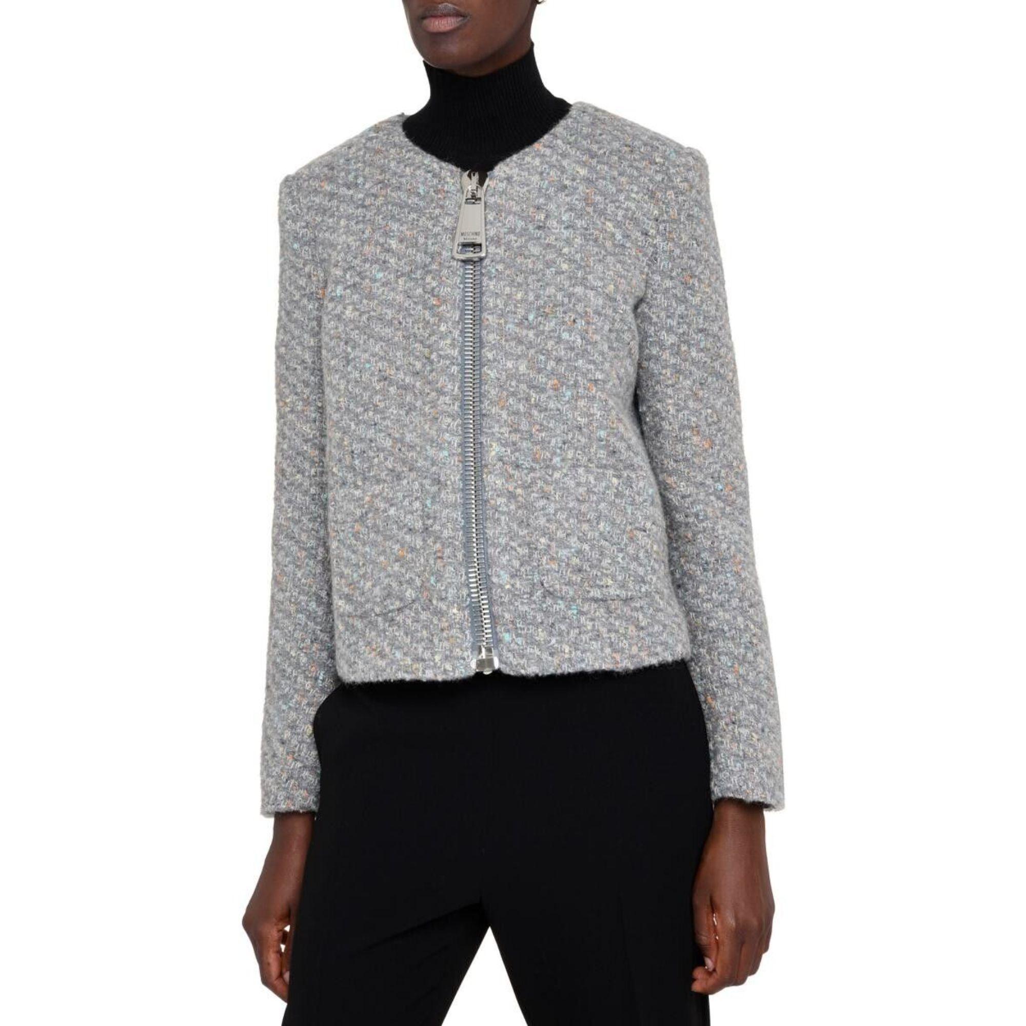 Gray AW20 Moschino Couture Boucle Wool Jacket by Jeremy Scott, Size US 10 For Sale