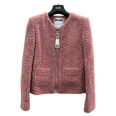 AW20 Moschino Couture Pink Boucle Wool Jacket with Oversized Zipper, Size US 8