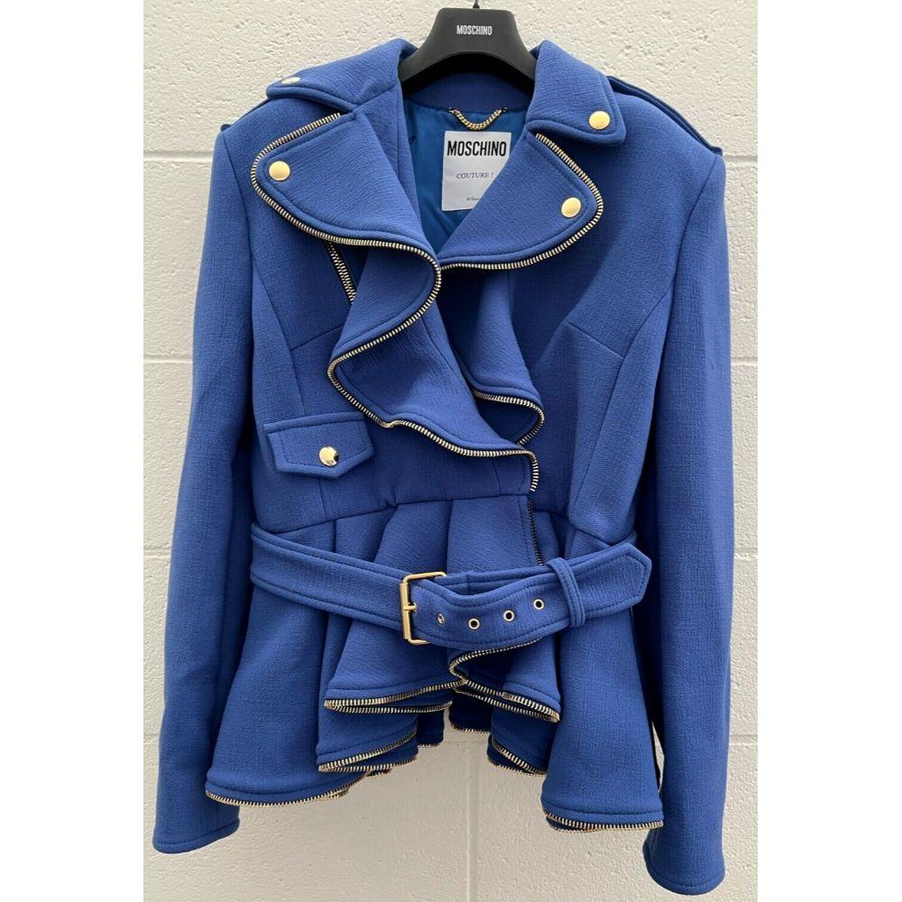 AW21 Moschino Couture Blue Jacket/Coat Gold Hardware by Jeremy Scott For Sale