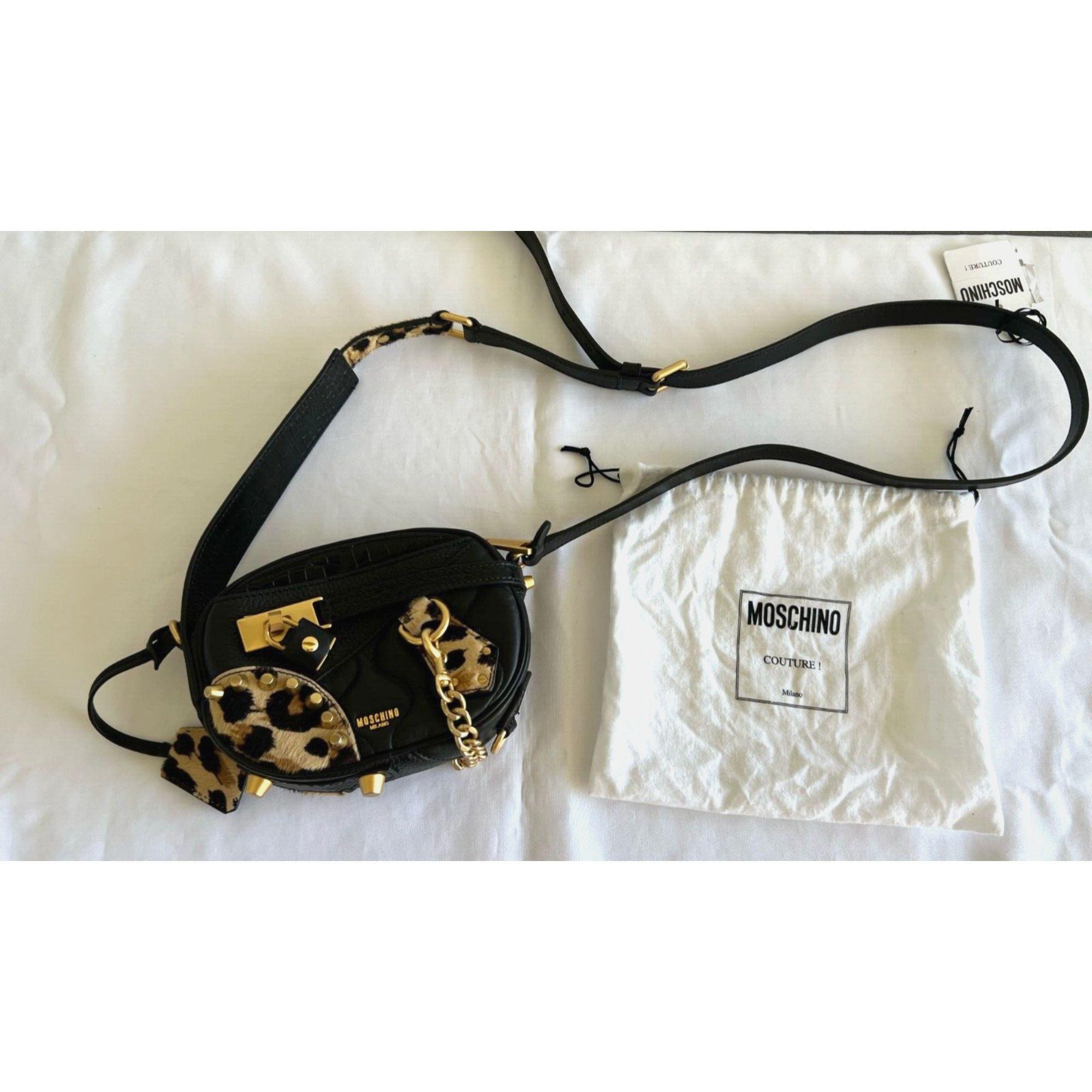 AW21 Moschino Couture Gold Leopard Black Leather Shoulder Bag by Jeremy Scott In New Condition For Sale In Los Angeles, CA