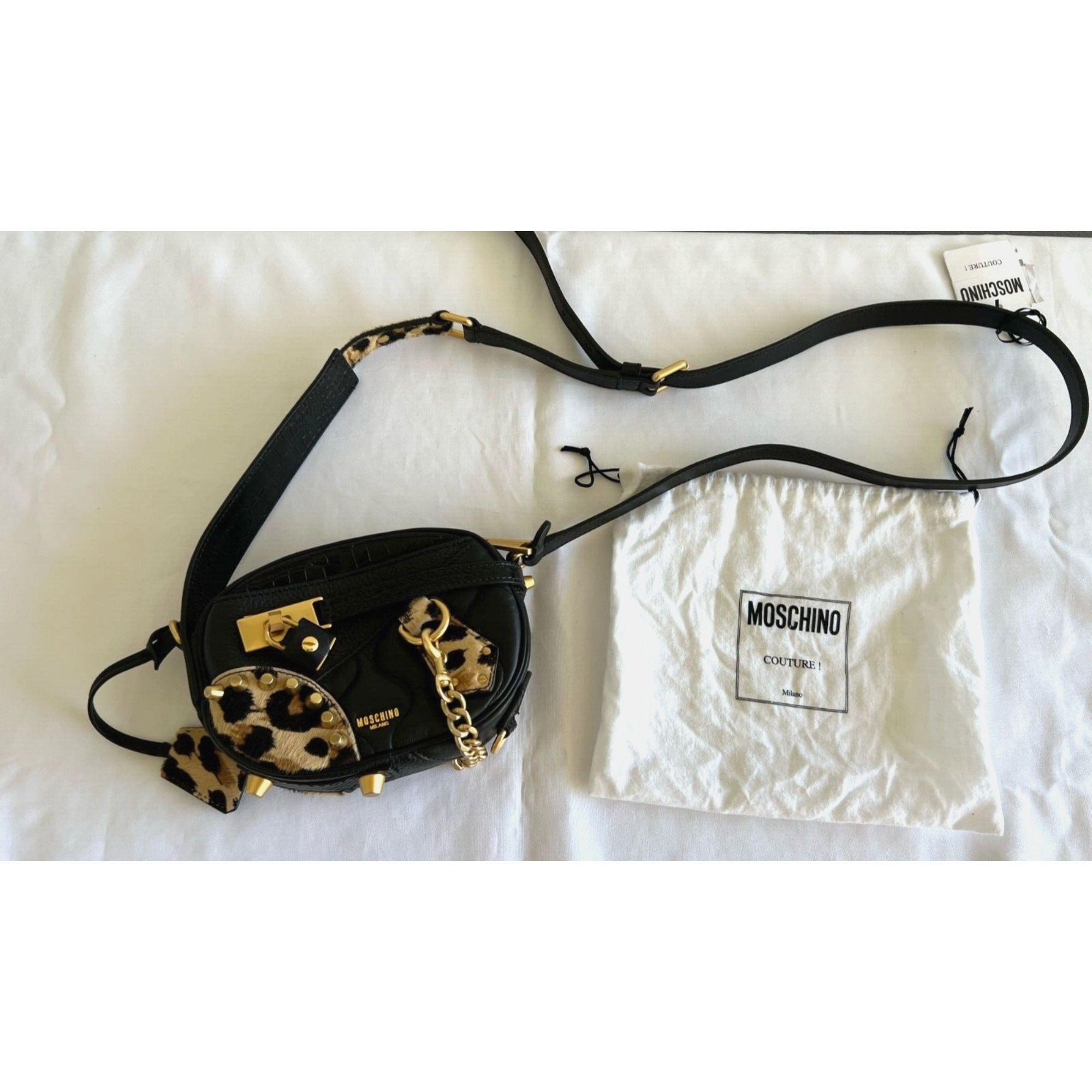 AW21 Moschino Couture Gold Leopard Black Leather Shoulder Bag by Jeremy Scott In New Condition For Sale In Palm Springs, CA