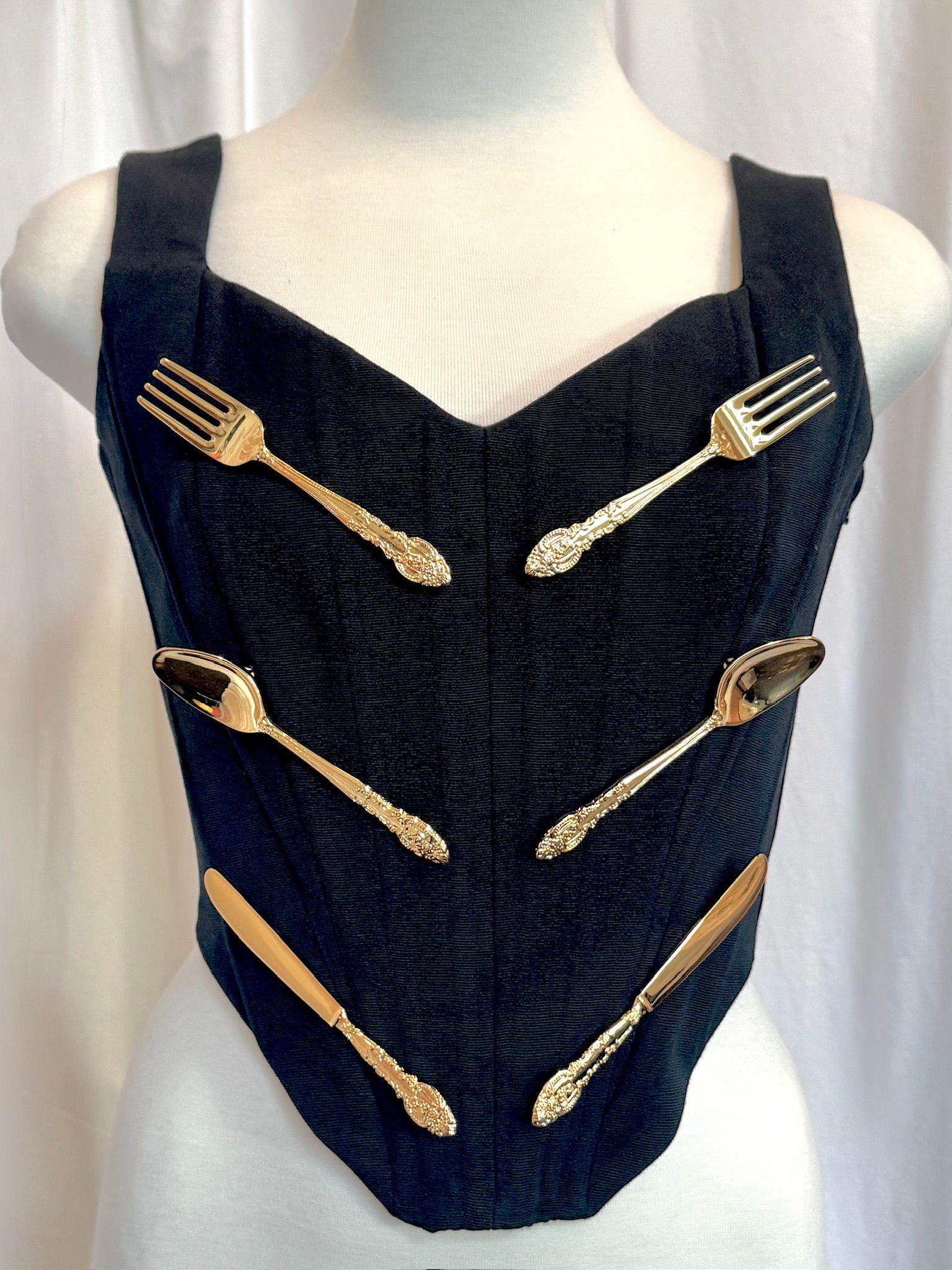 AW22 MOSCHINO Couture Jeremy Scott Negro Cuchara Tenedor Cuchillo Bustier Corsé Top en Nuevo estado para la venta en Los Angeles, CA