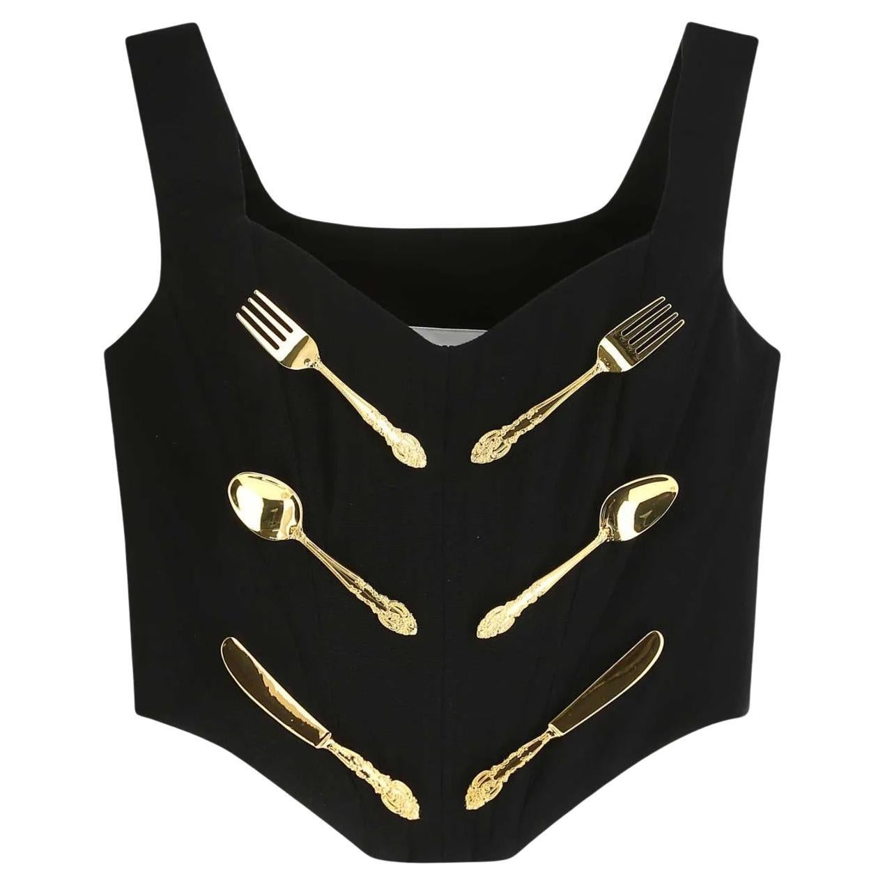 AW22 MOSCHINO Couture Jeremy Scott Negro Cuchara Tenedor Cuchillo Bustier Corsé Top en venta