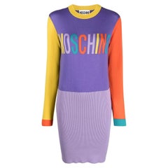 AW22 MOSCHINO Couture Jeremy Scott Logo Orange & Yellow Sleeve Purple Knit Dress