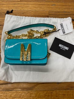AW22 MOSCHINO Couture Jeremy Scott "M" Turquoise Metallic Patent Leather Bag