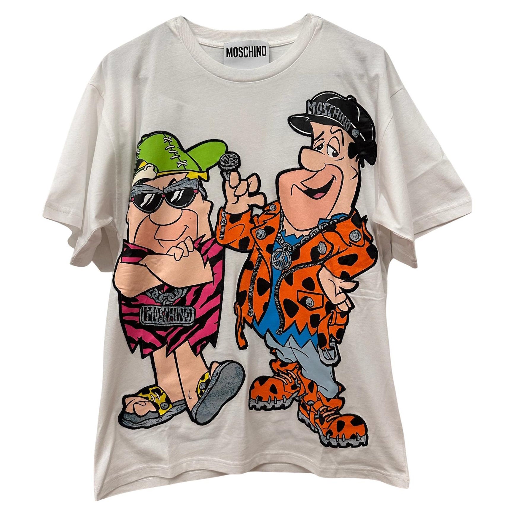 AW22 Moschino Couture Jeremy Scott T Shirt oversize con grafica Flinstones bianca in vendita
