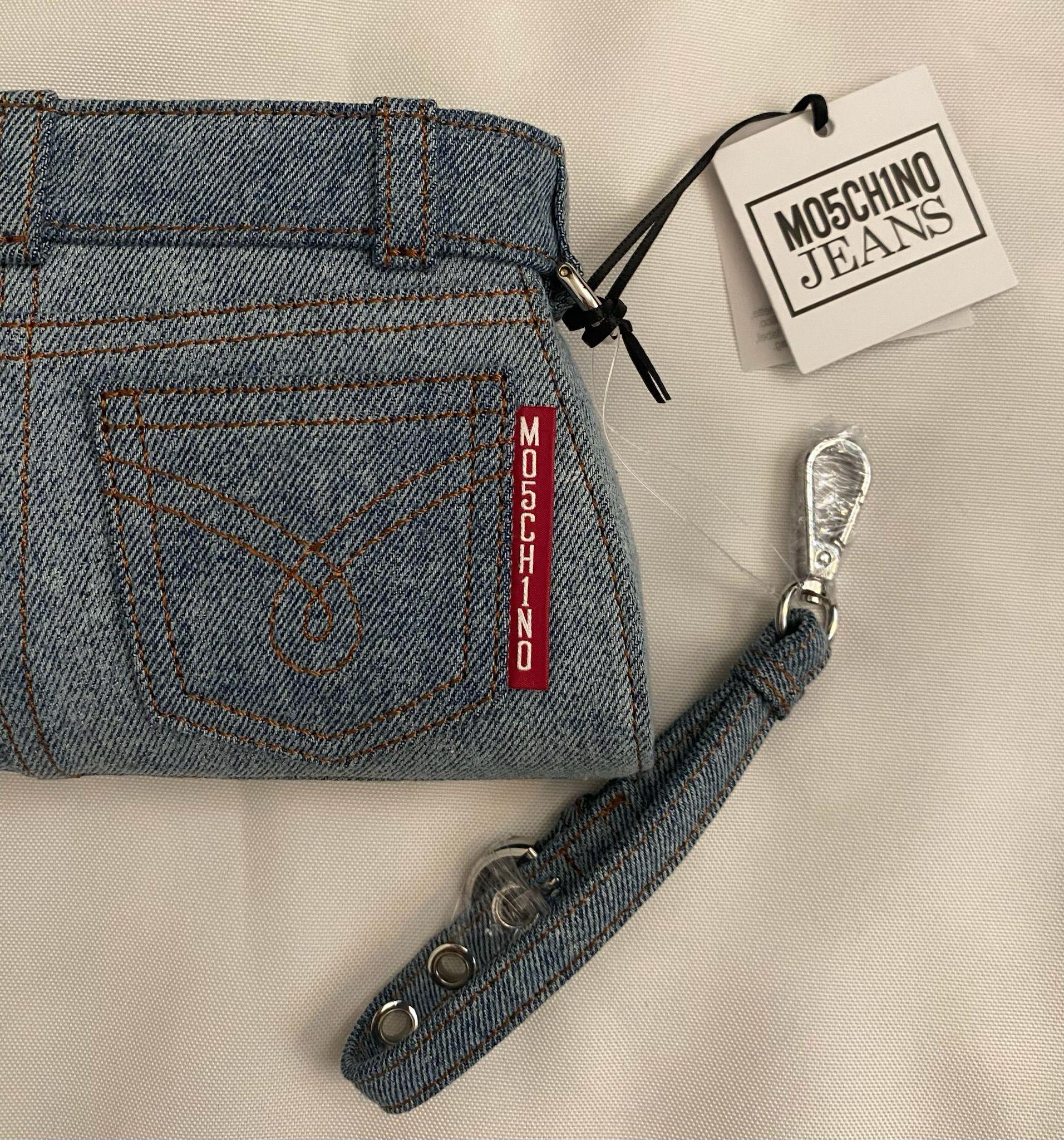 AW23 MOSCHINO Couture Jeremy Scott Denim Shaped Jeans Wristlet Clutch Cotton For Sale 8