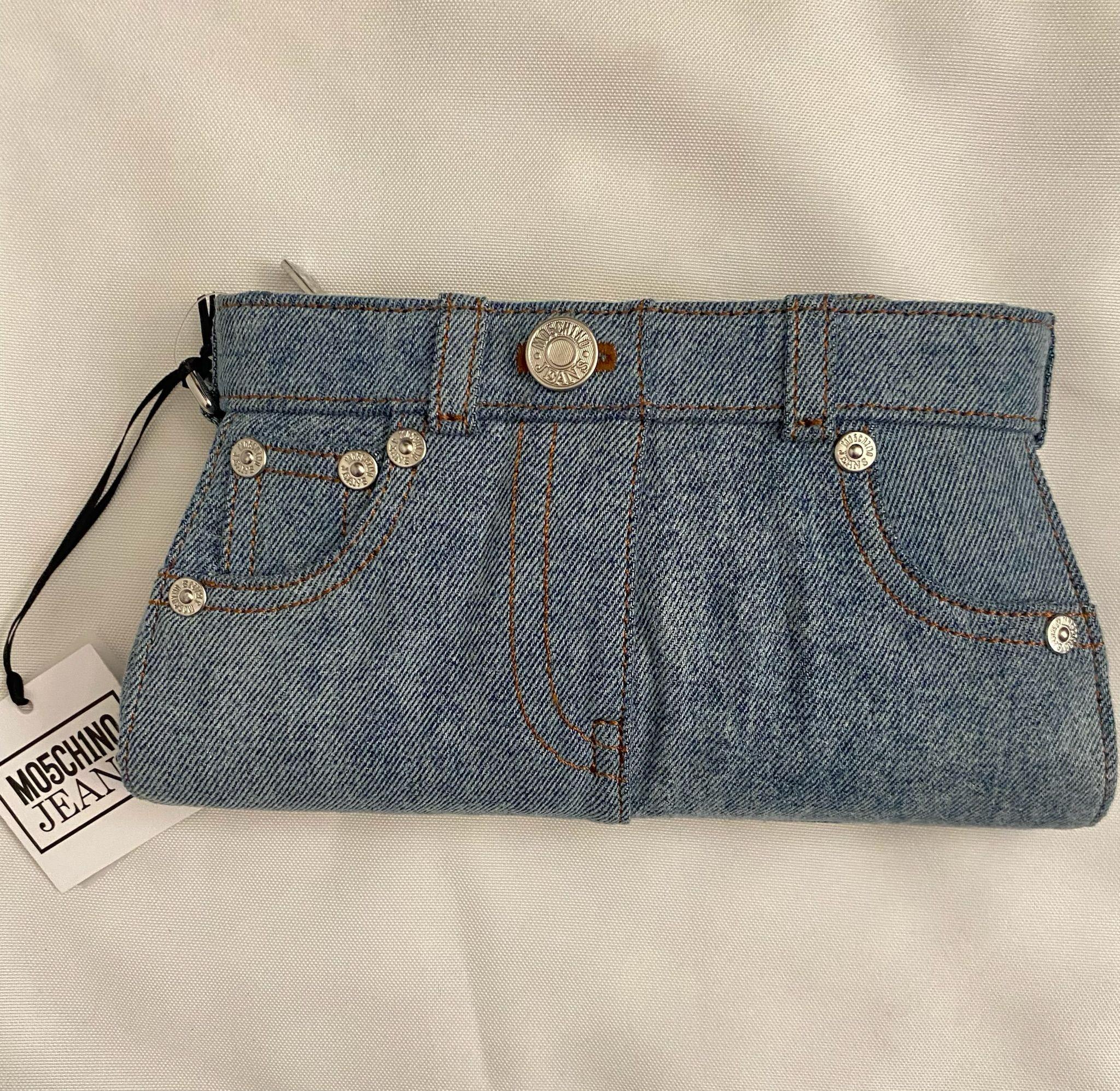 Women's AW23 MOSCHINO Couture Jeremy Scott Denim Shaped Jeans Wristlet Clutch Cotton For Sale