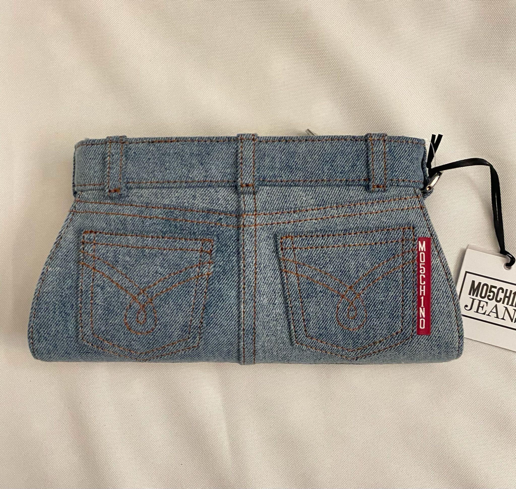 AW23 MOSCHINO Couture Jeremy Scott Denim Shaped Jeans Wristlet Clutch Cotton For Sale 1