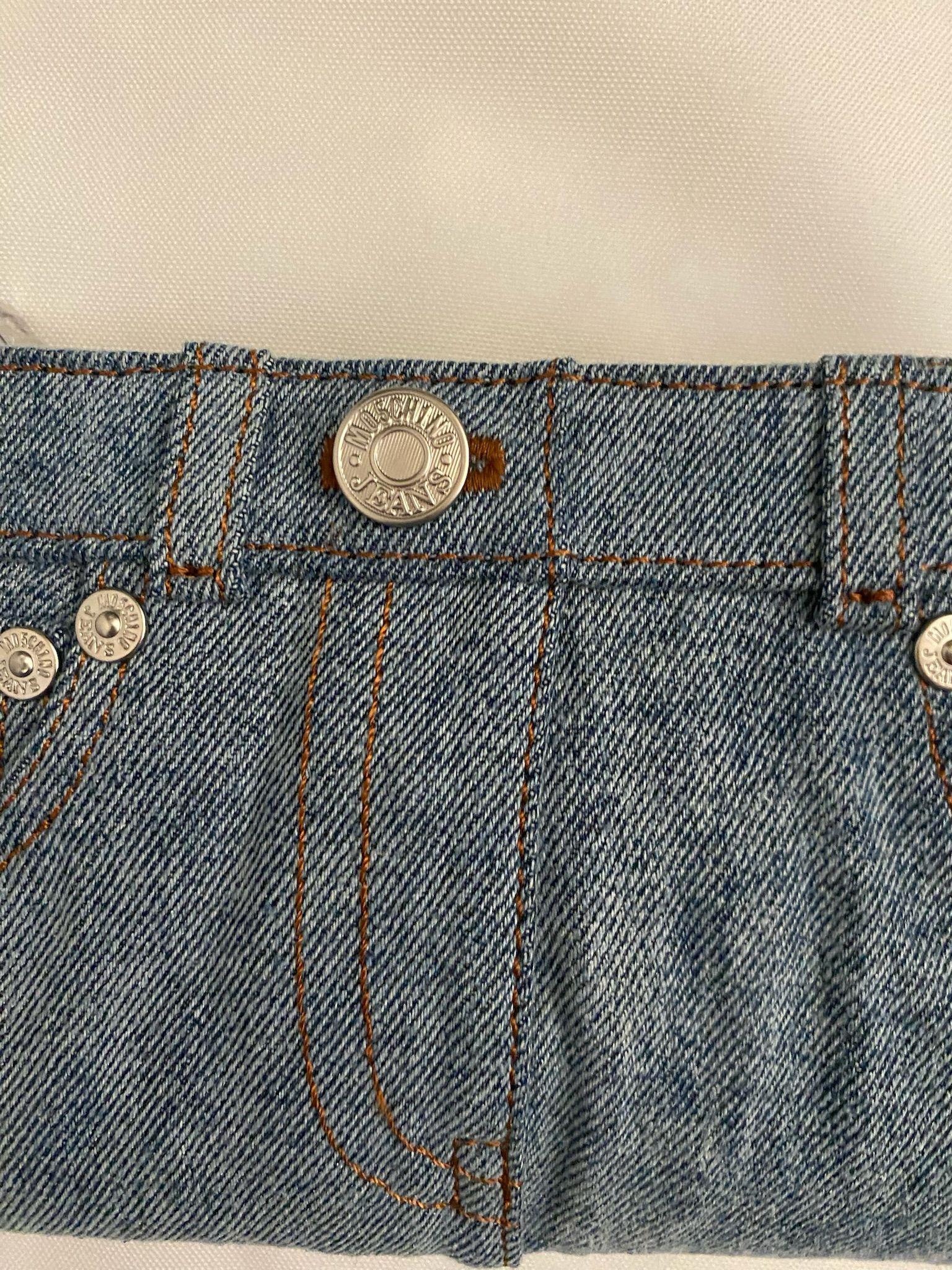 AW23 MOSCHINO Couture Jeremy Scott Denim Shaped Jeans Wristlet Clutch Cotton For Sale 4