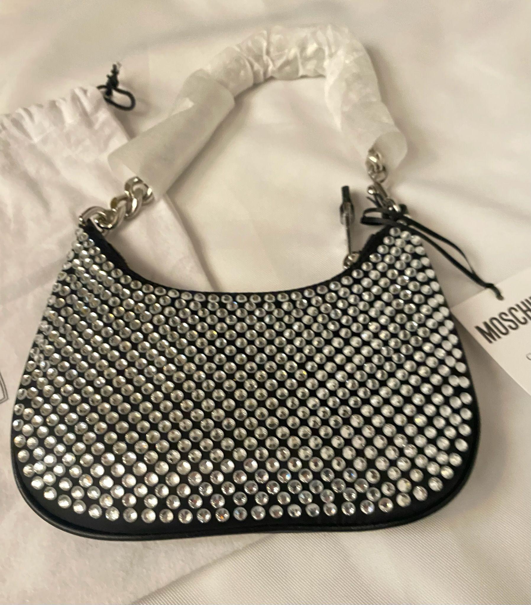 AW23 MOSCHINO Couture Jeremy Scott Bolso negro plateado con tachuelas de diamantes de imitación en venta 4