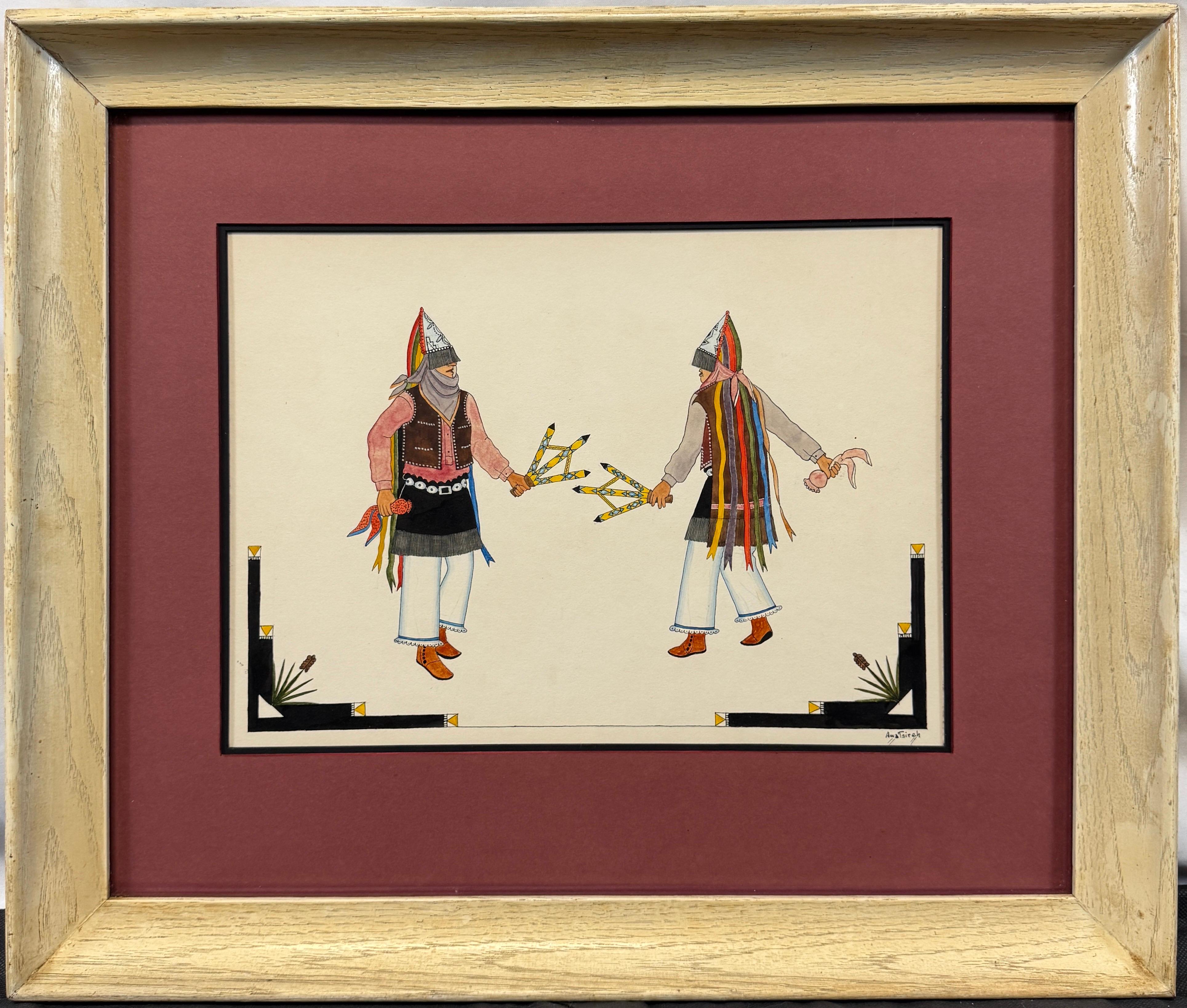 About this work:
“Matachines, c. 1930” by Awa Tsireh (1898-1955).

A wonderfully executed example of Awa Tsireh’s work, depicting two ceremonial dancers in the crisp modernist manner that made Tsireh one of the defining figures of early