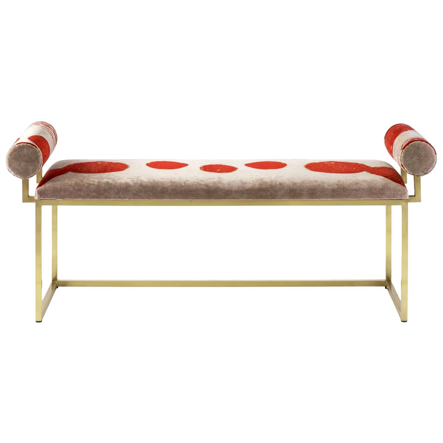 21st Century Awaiting H Bench Printed Velvet and Brass double seating  For Sale