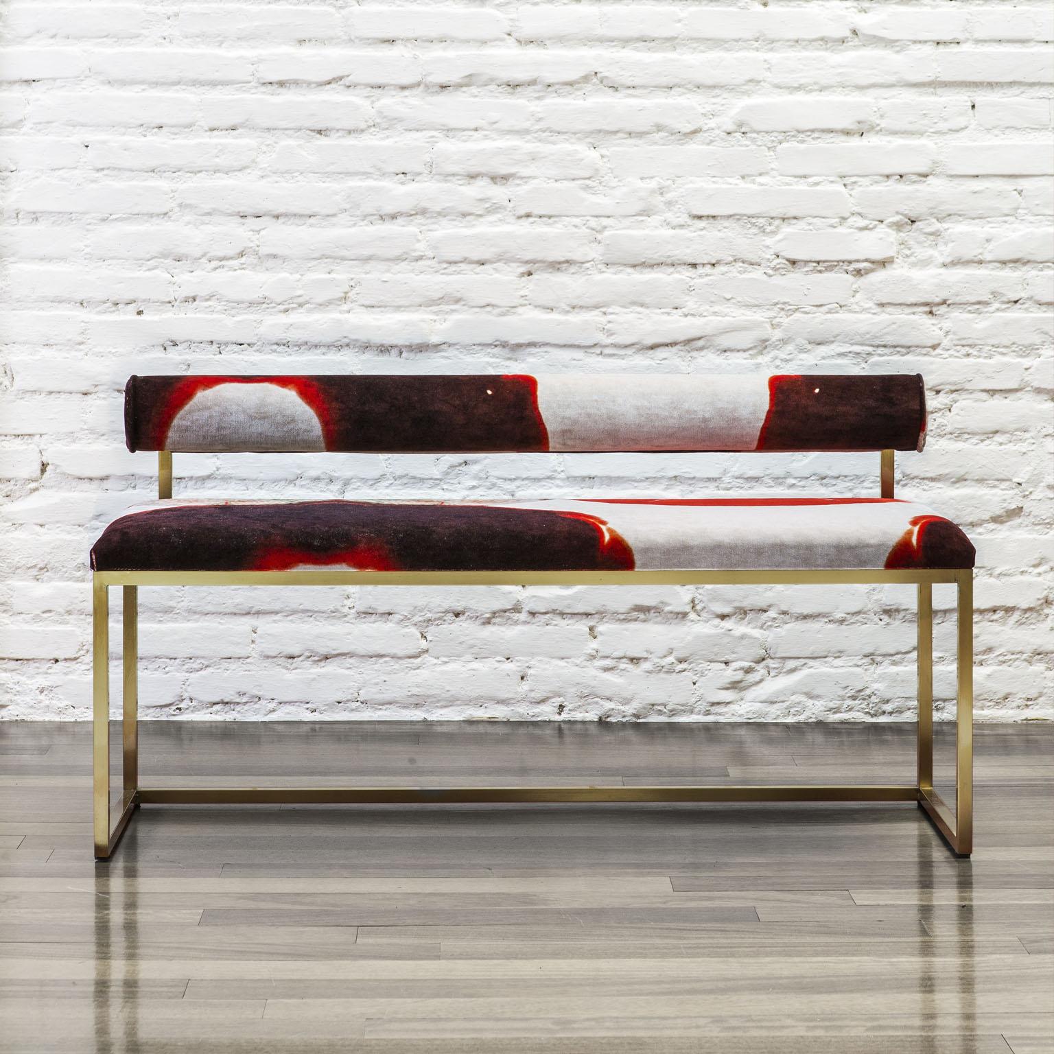 Italian Awaiting T Bench Printed Velvet and Brass For Sale