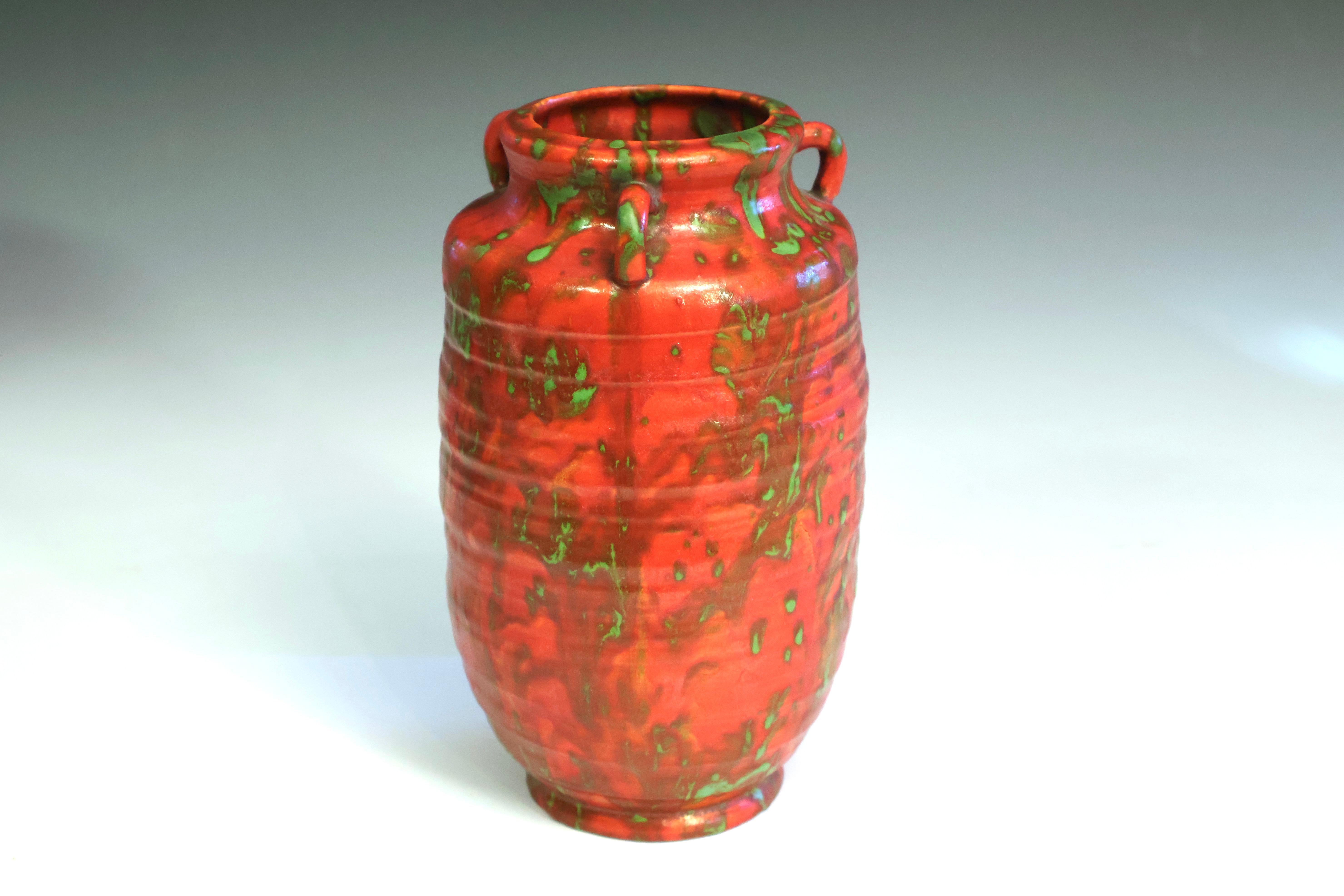 Vintage Awaji pottery vase with arresting chromium red and green atomic age drip glaze. Hand turned. Circa 1930. Impressed and printed marks. 8 1/2