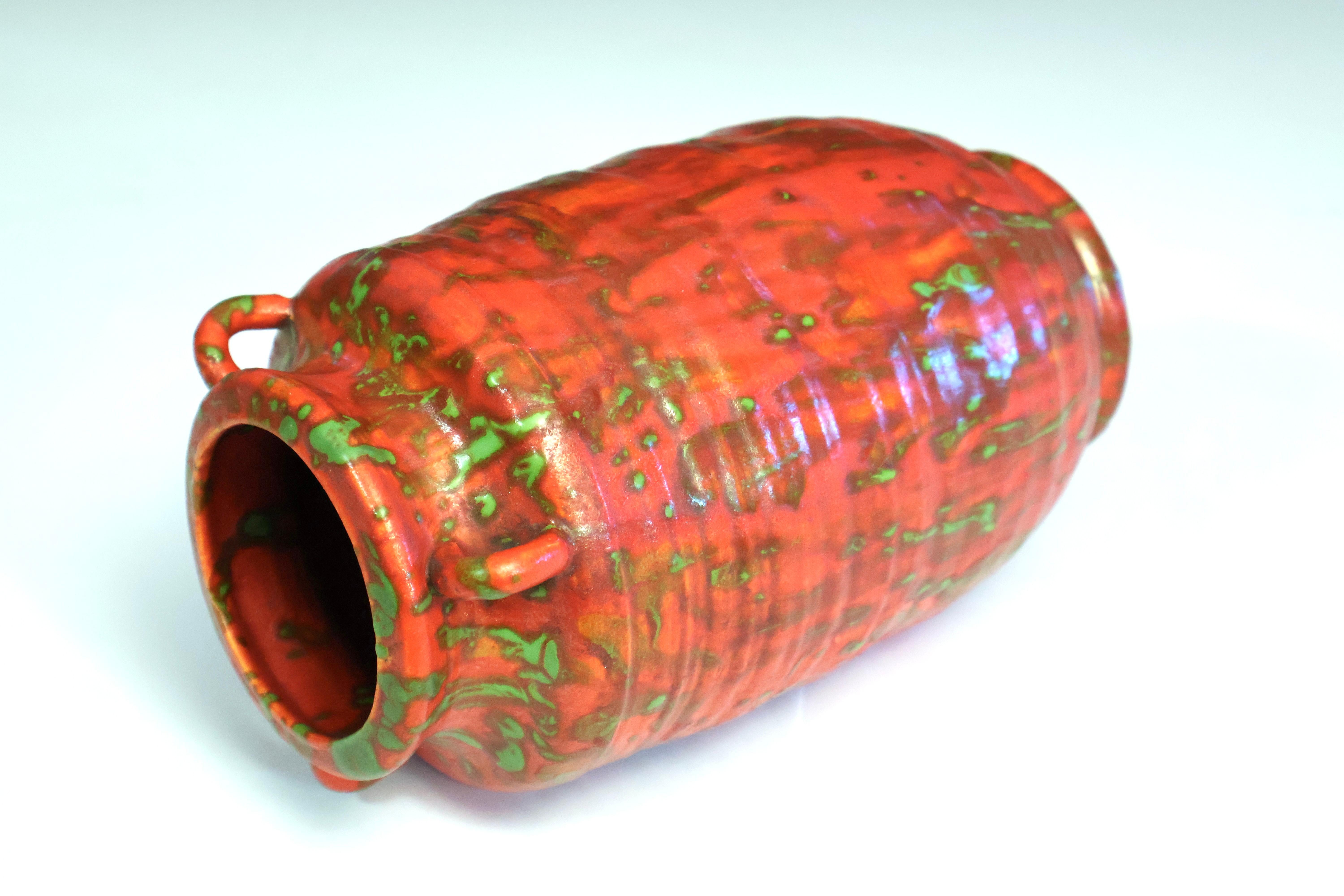 Japanese Awaji Pottery Art Deco Chromium Red Atomic Drip Glaze Vase For Sale
