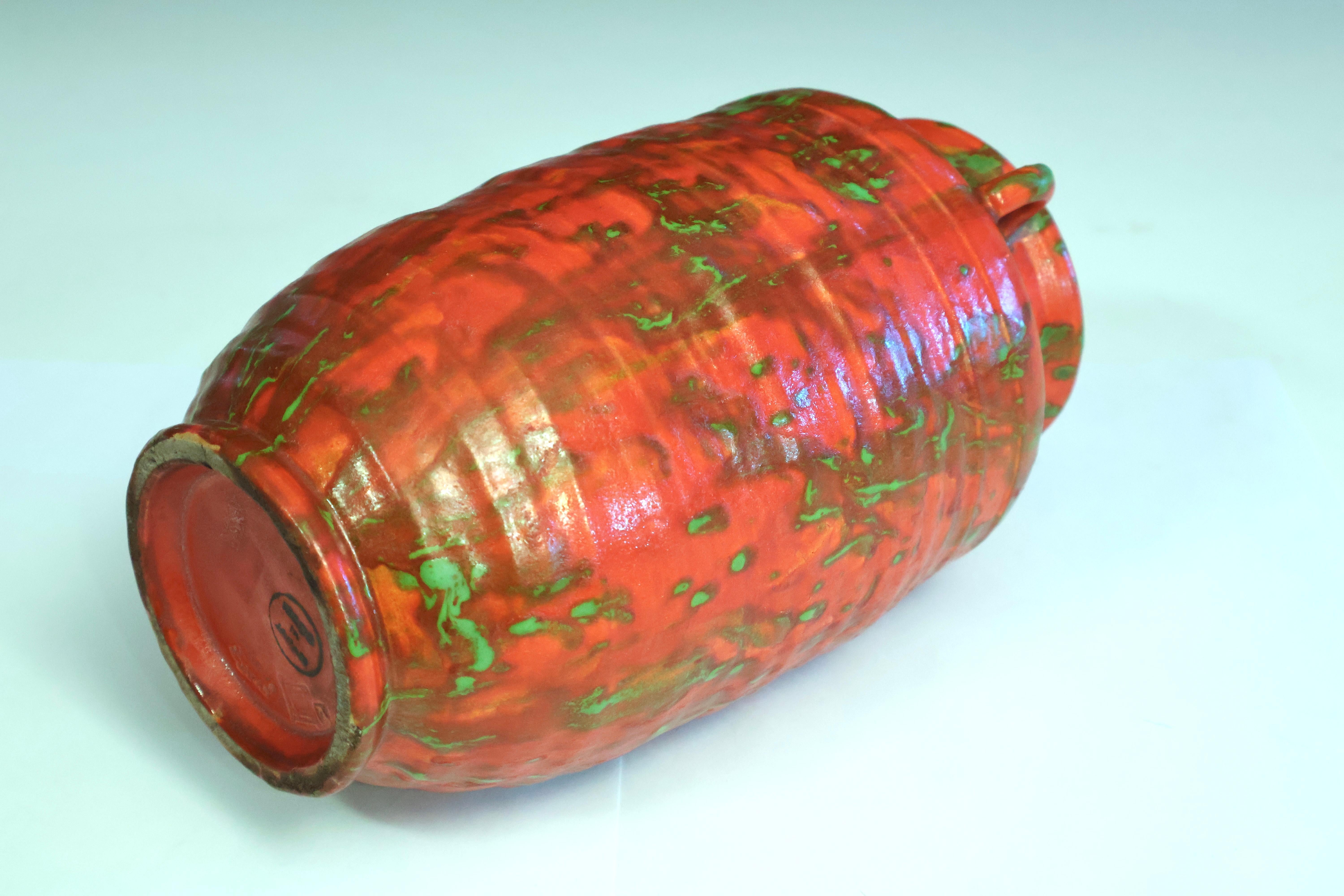 Turned Awaji Pottery Art Deco Chromium Red Atomic Drip Glaze Vase For Sale
