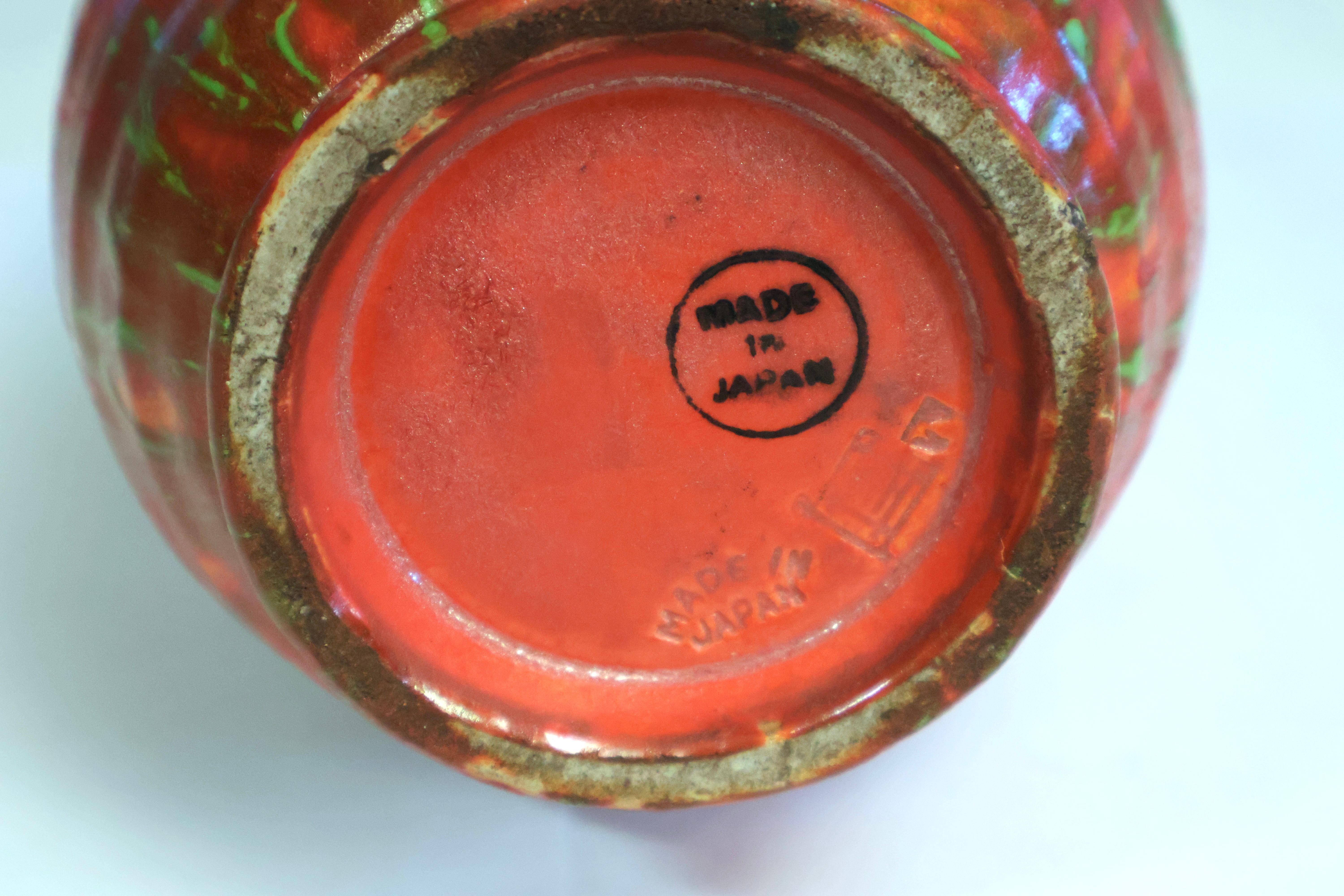 Awaji Pottery Art Deco Chromium Red Atomic Drip Glaze Vase In Good Condition For Sale In Wilton, CT