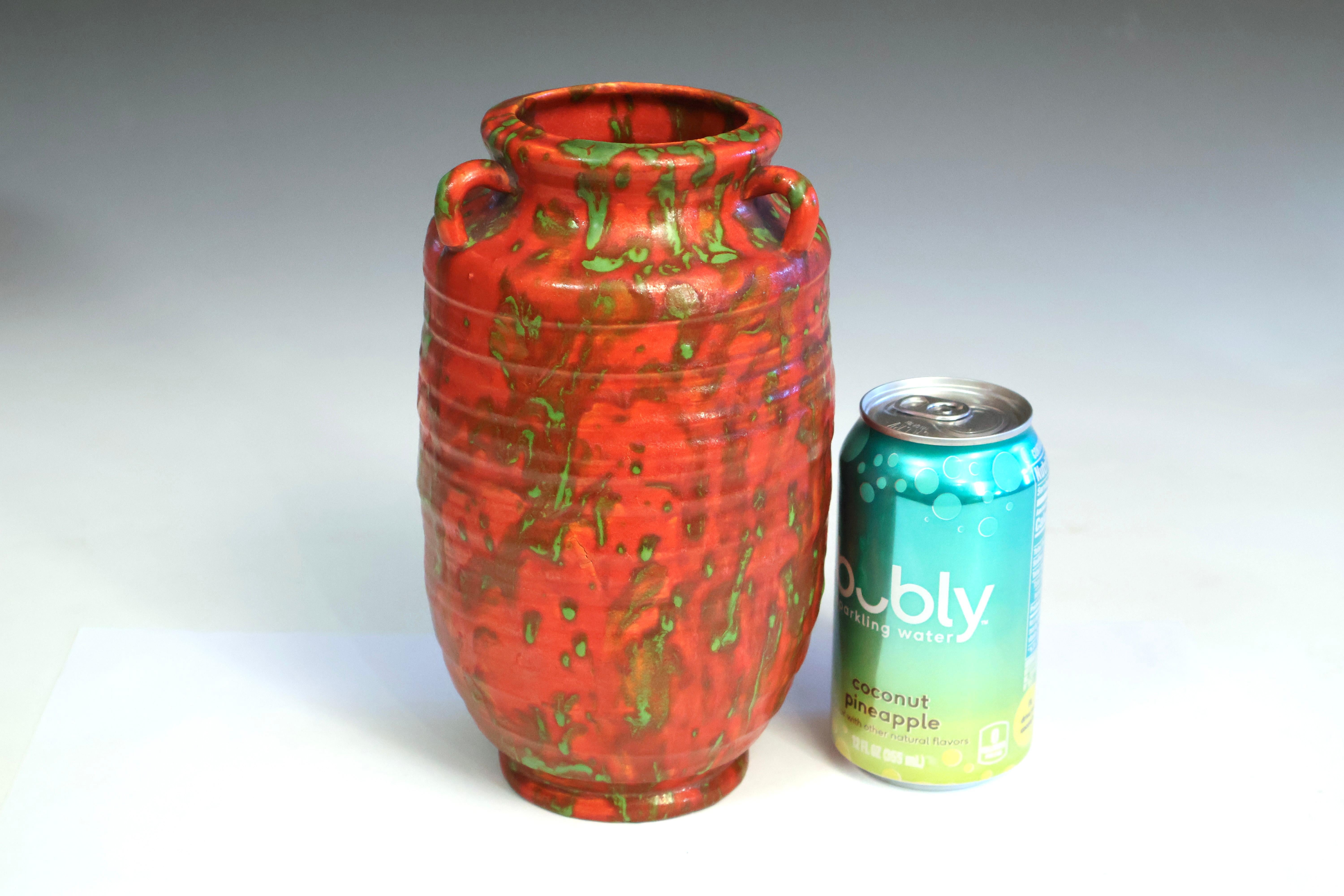 Awaji Pottery Art Deco Chromium Red Atomic Drip Glaze Vase For Sale 2