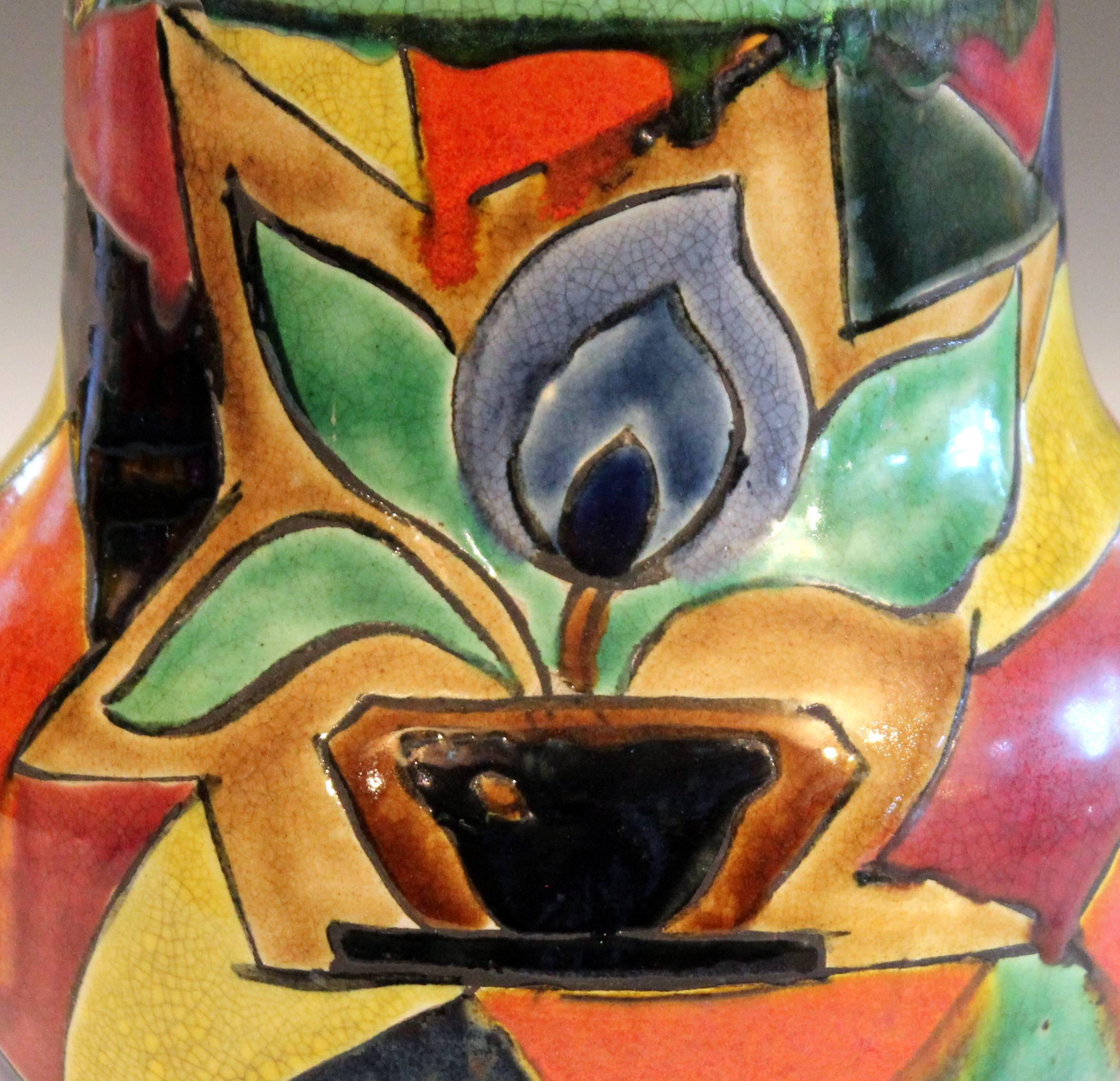 Turned Awaji Pottery Art Deco Japanese Mock Cubist Fractured Picture Plane Vase Signed For Sale