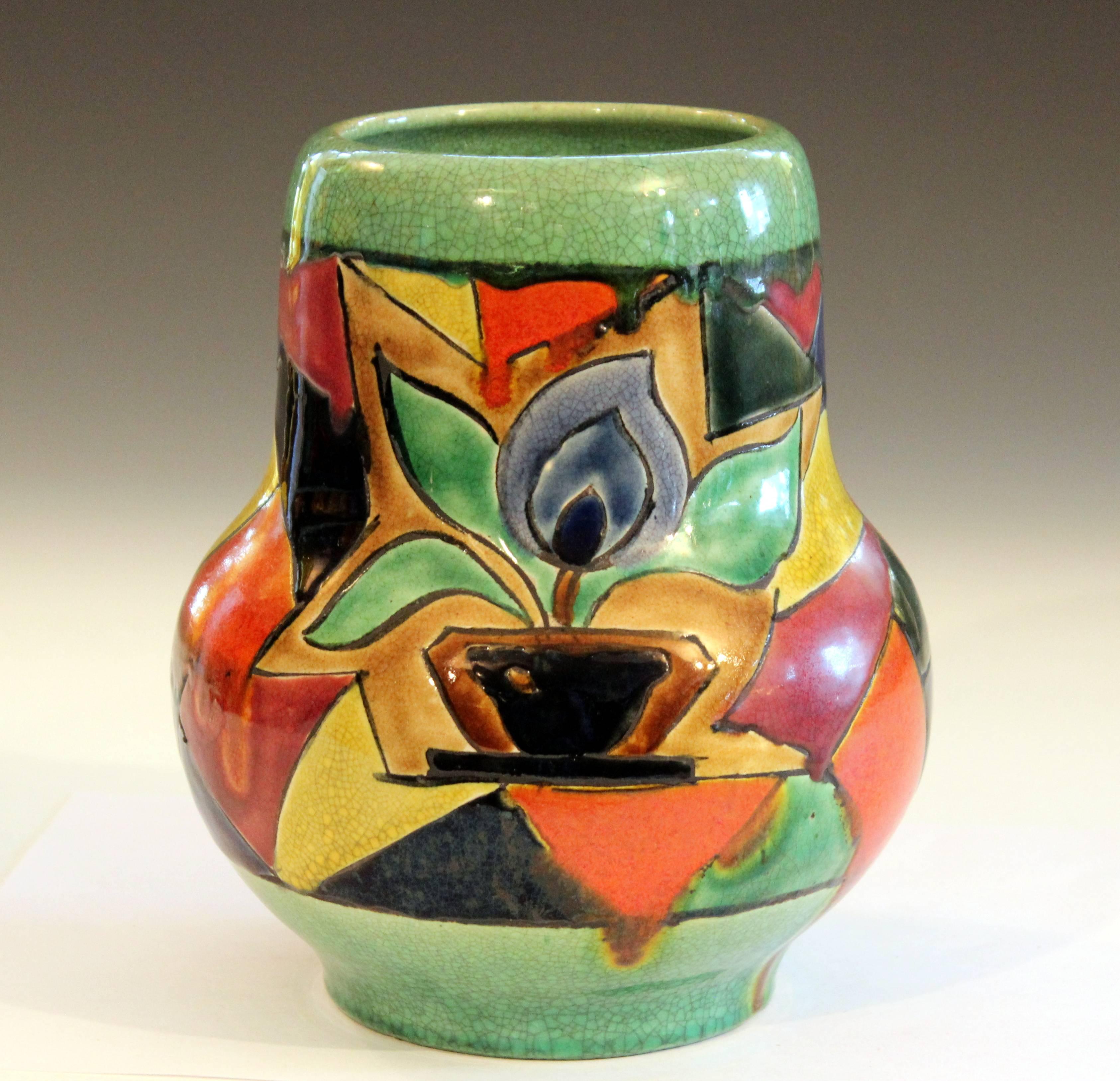 Awaji Pottery Art Deco Japanese Mock Cubist Fractured Picture Plane Vase Signed For Sale 2