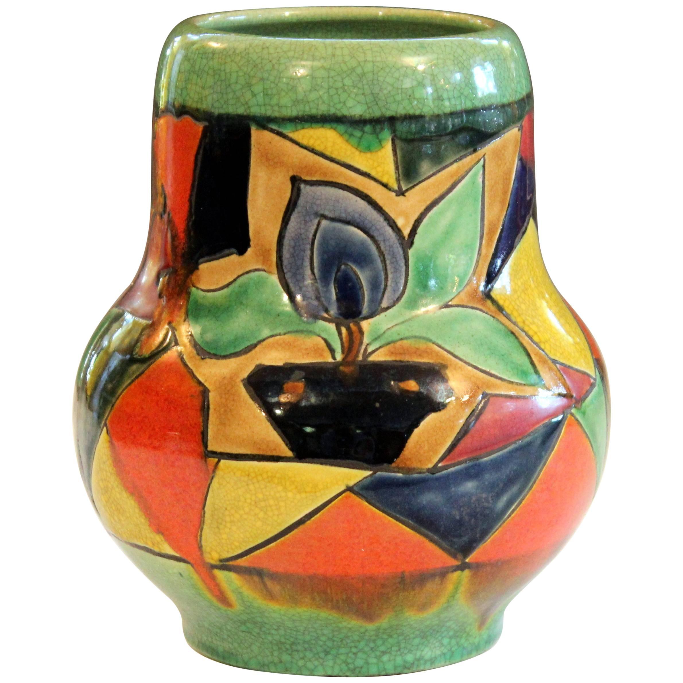 Awaji Pottery Art Deco Japanese Mock Cubist Fractured Picture Plane Vase Signed