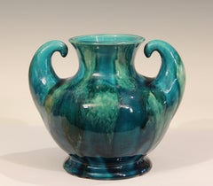 Awaji Pottery Art Deco Japanese Vintage Studio Muscle Vase Blue Green Flambe