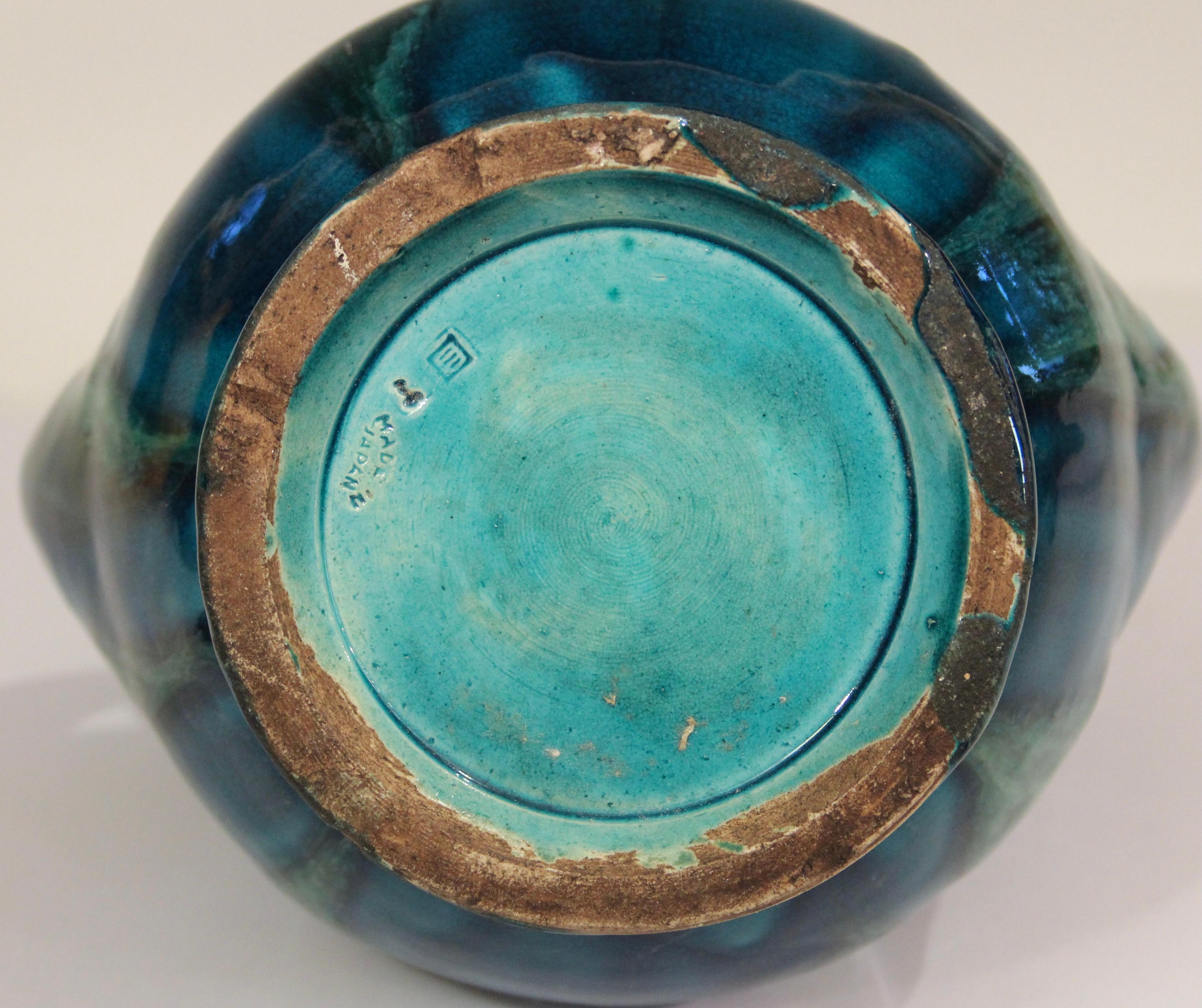 Turned Awaji Pottery Art Deco Japanese Vintage Studio Muscle Vase Blue Green Flambe For Sale