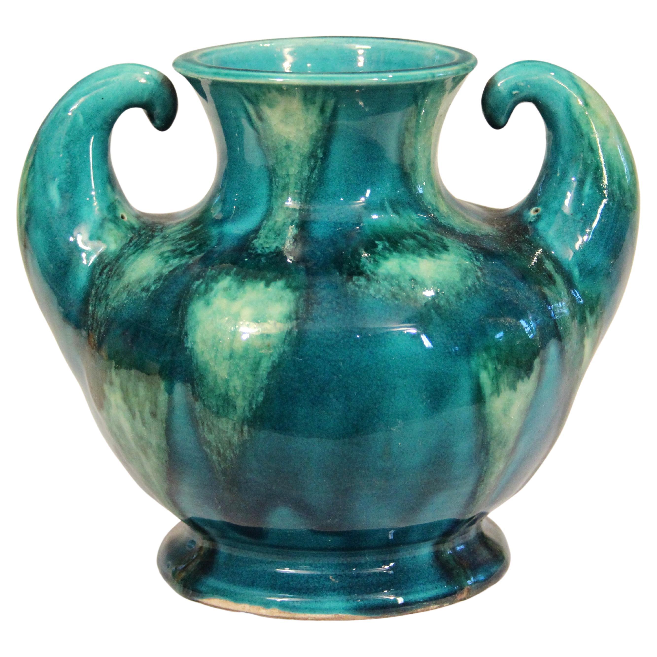Japanische Vintage Studio Muscle-Vase aus Keramik von Uwaji Pottery in Blau und Grün mit Flammenmotiv, Art déco