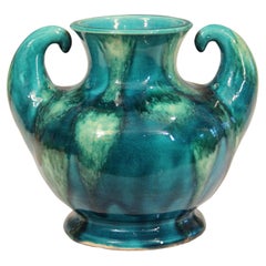 Awaji Pottery Art Deco Japanese Vintage Studio Muscle Vase Blue Green Flambe
