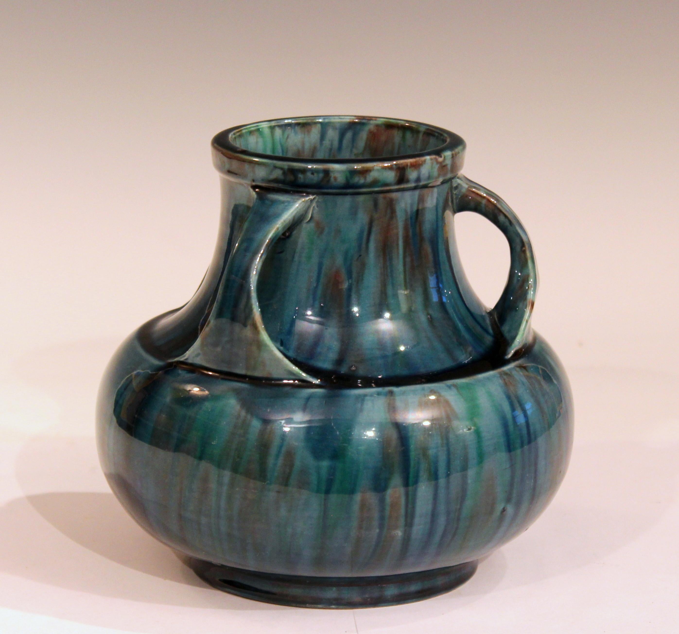 Turned Awaji Pottery Art Deco Japanese Vintage Studio Vase in Blue Flambé Drip Glaze For Sale