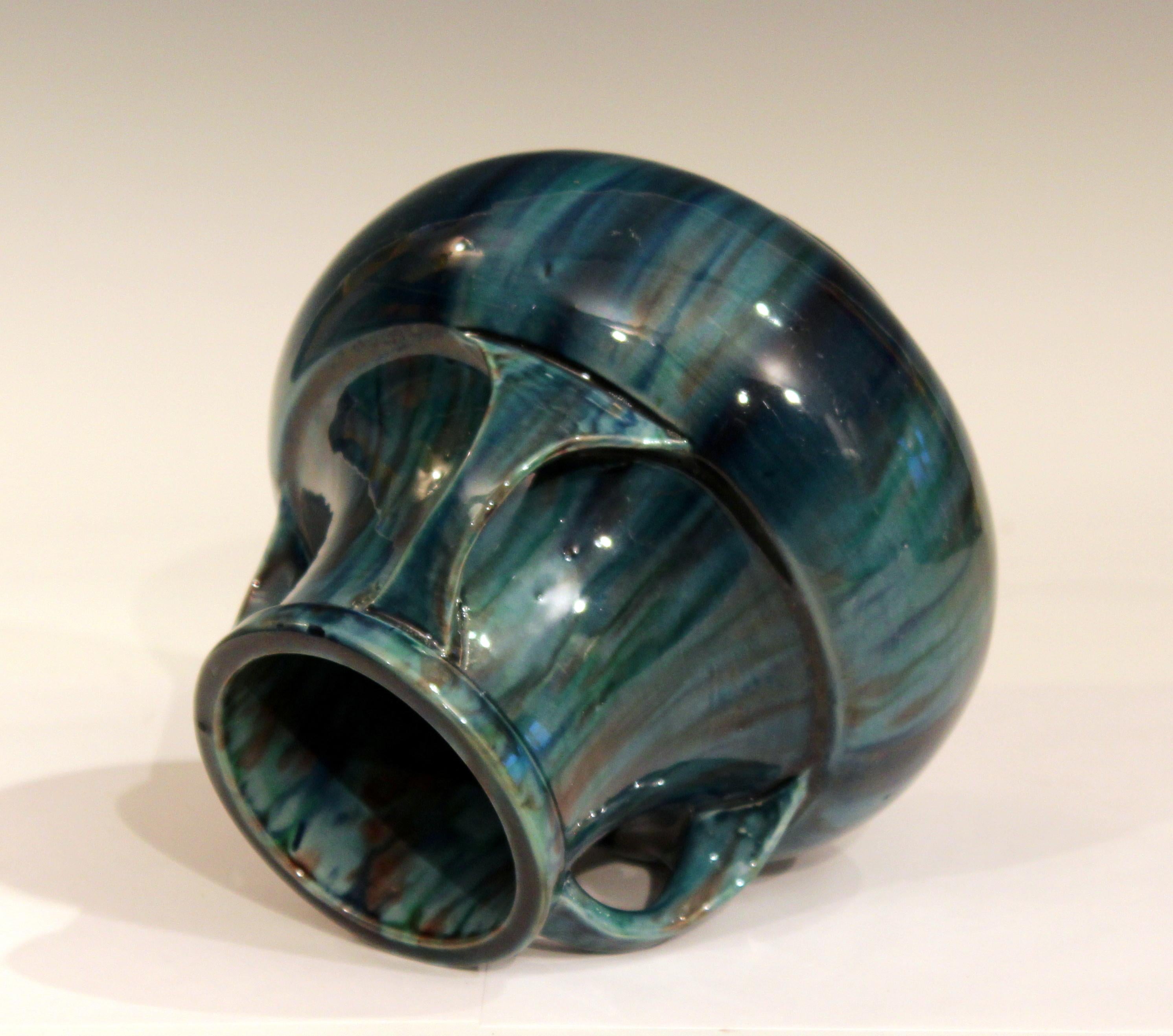 Awaji Pottery Art Deco Japanese Vintage Studio Vase in Blue Flambé Drip Glaze In Good Condition For Sale In Wilton, CT