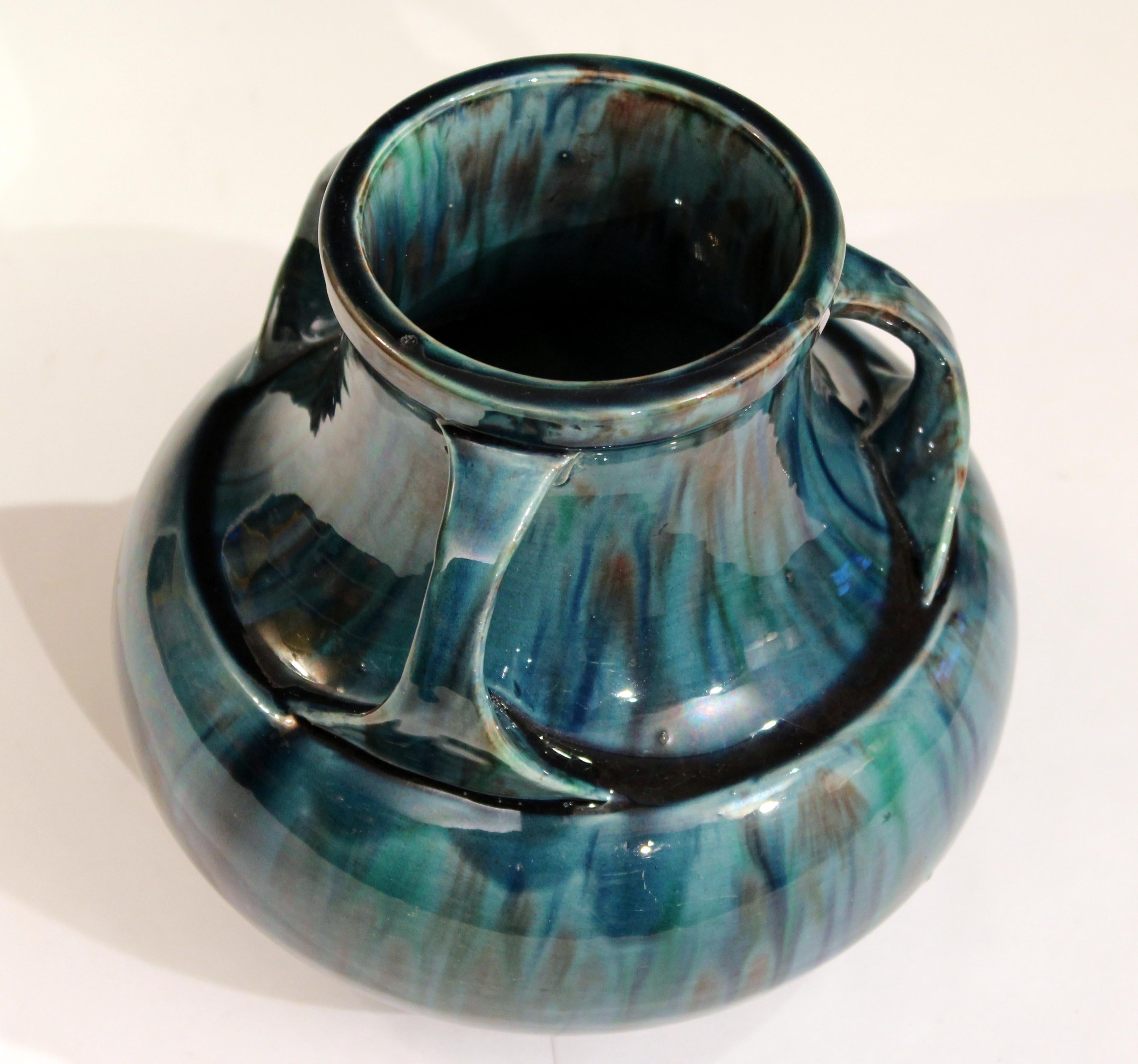 Awaji Pottery Art Deco Japanese Vintage Studio Vase in Blue Flambé Drip Glaze For Sale 2