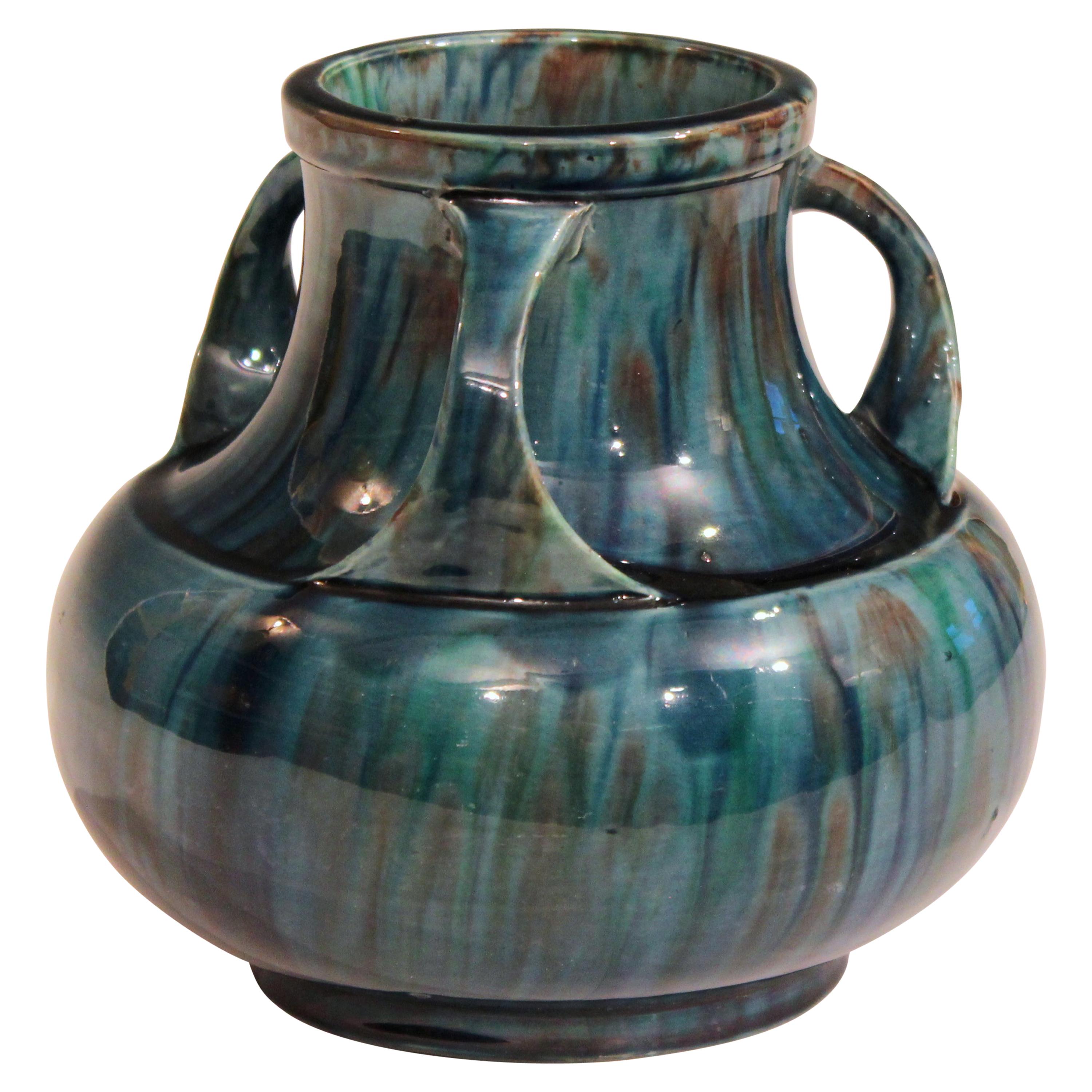 Awaji Pottery Art Deco Japanese Vintage Studio Vase in Blue Flambé Drip Glaze For Sale