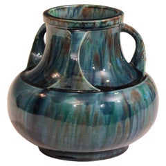 Awaji Pottery Art Deco Japanese Vintage Studio Vase in Blue Flambé Drip Glaze