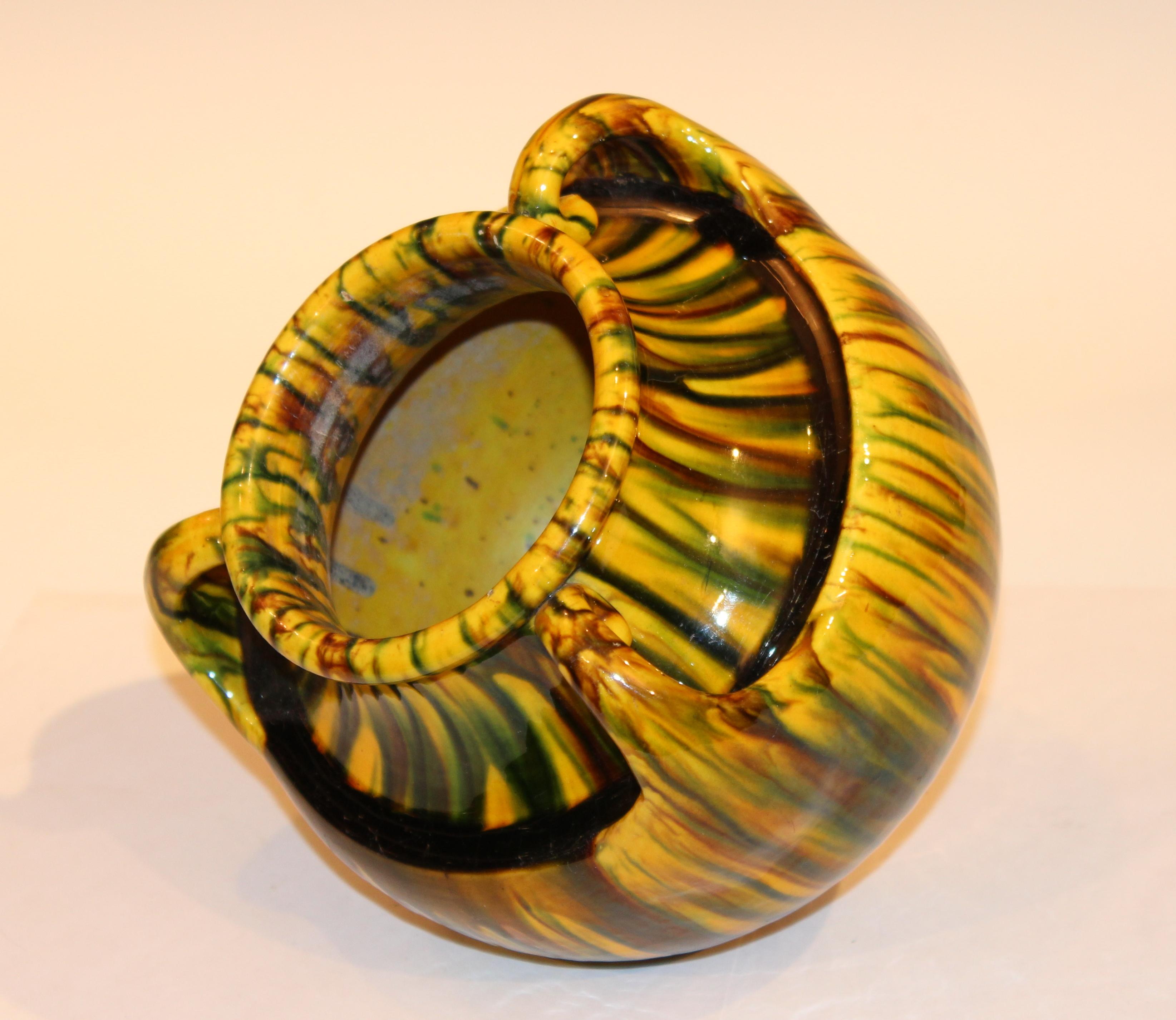 Turned Awaji Pottery Art Deco Japanese Vintage Studio Yellow Vase Flambe Glaze