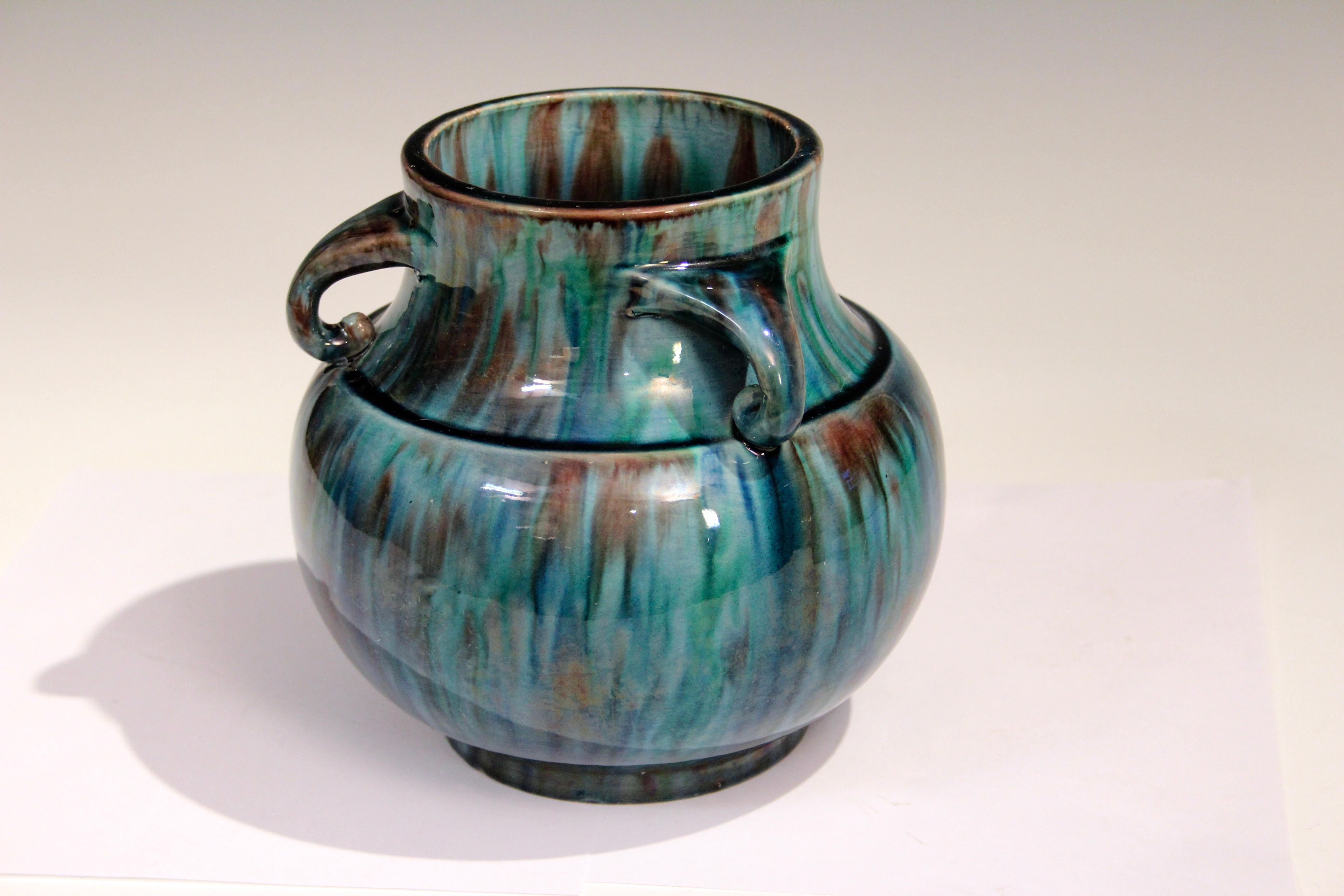 Turned Awaji Pottery Art Deco Japanese Vintage Vase Blue Flambe Glaze For Sale