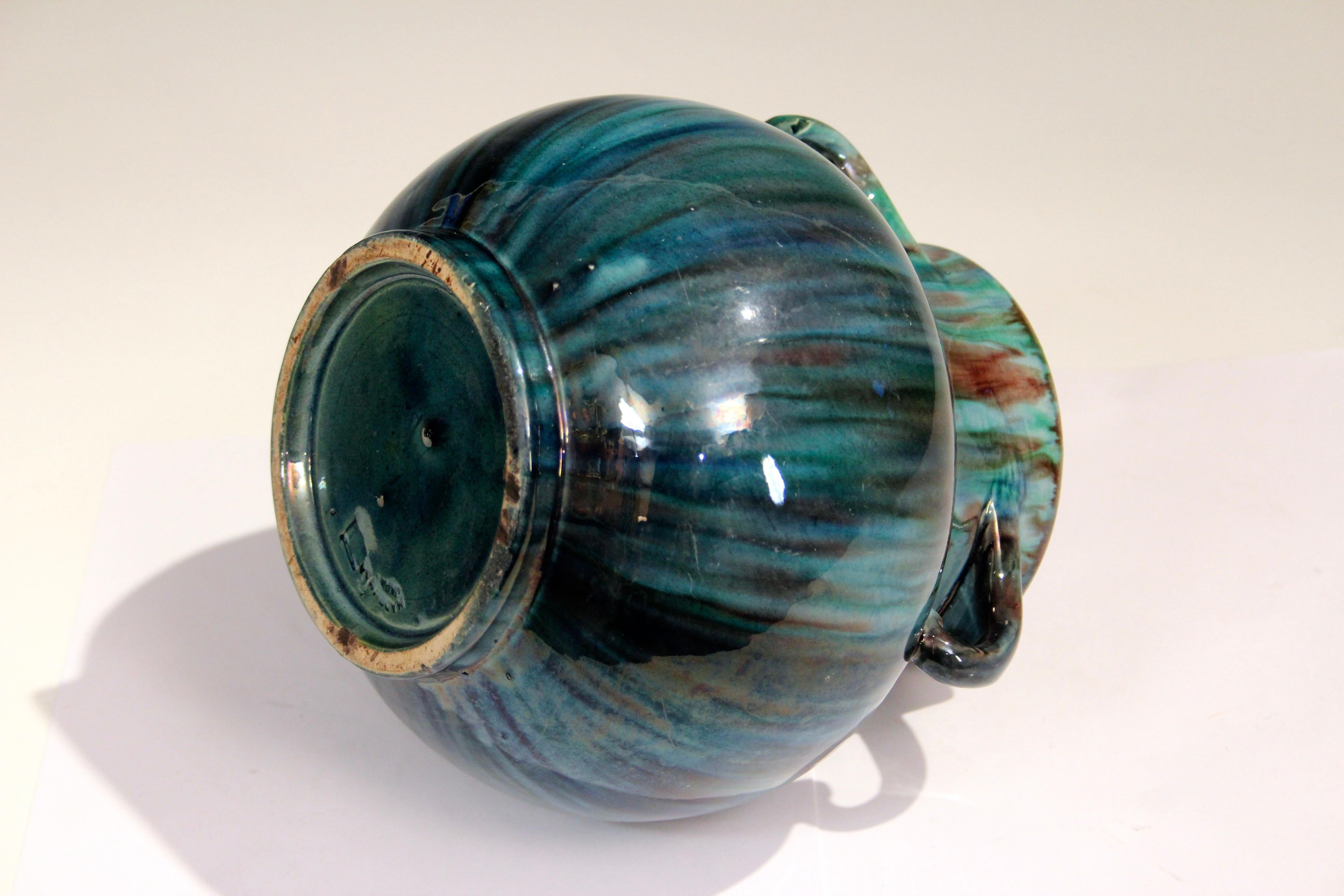 Tornito Awaji Pottery Vaso d'epoca giapponese Art Deco Smalto blu flambe in vendita