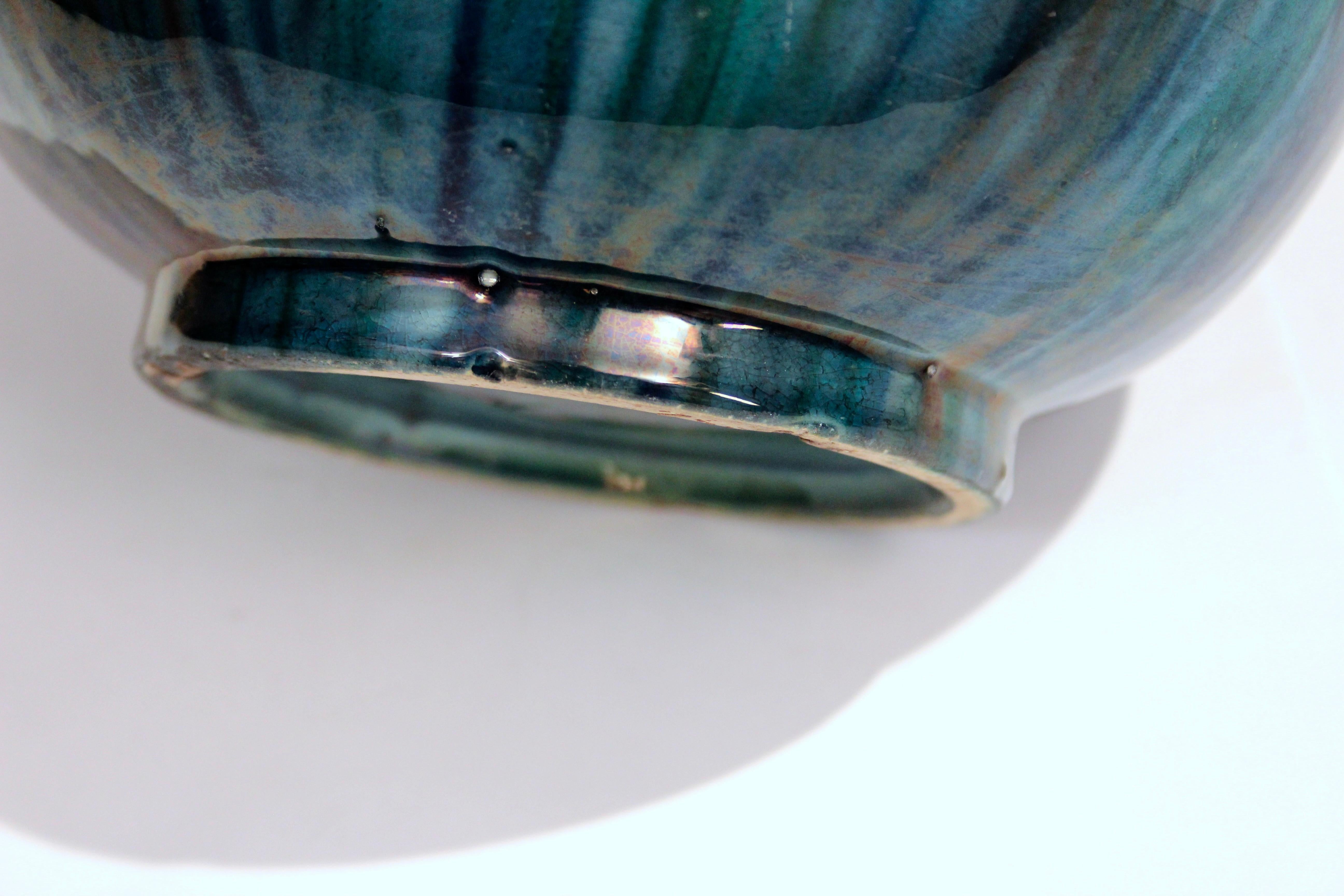 Awaji Pottery Art Deco Japanese Vintage Vase Blue Flambe Glaze For Sale 4