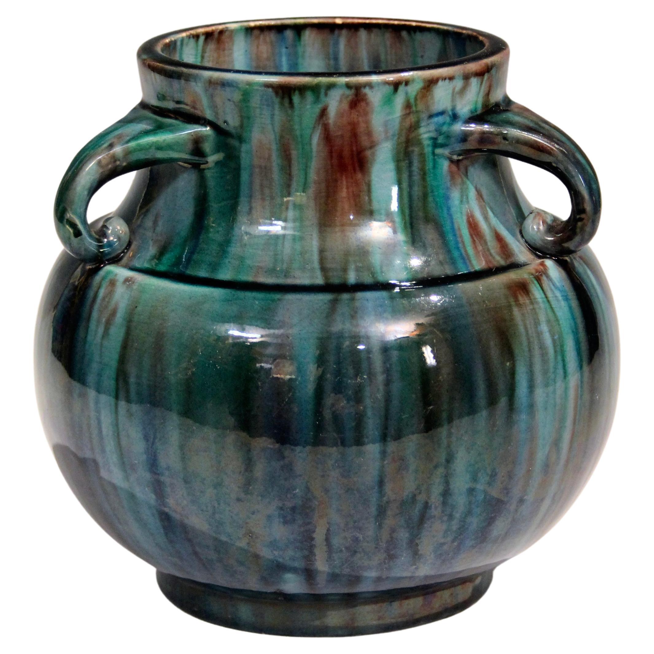 Awaji Pottery Art Deco Japanische Vintage-Vase mit blauer Flambe-Glasur
